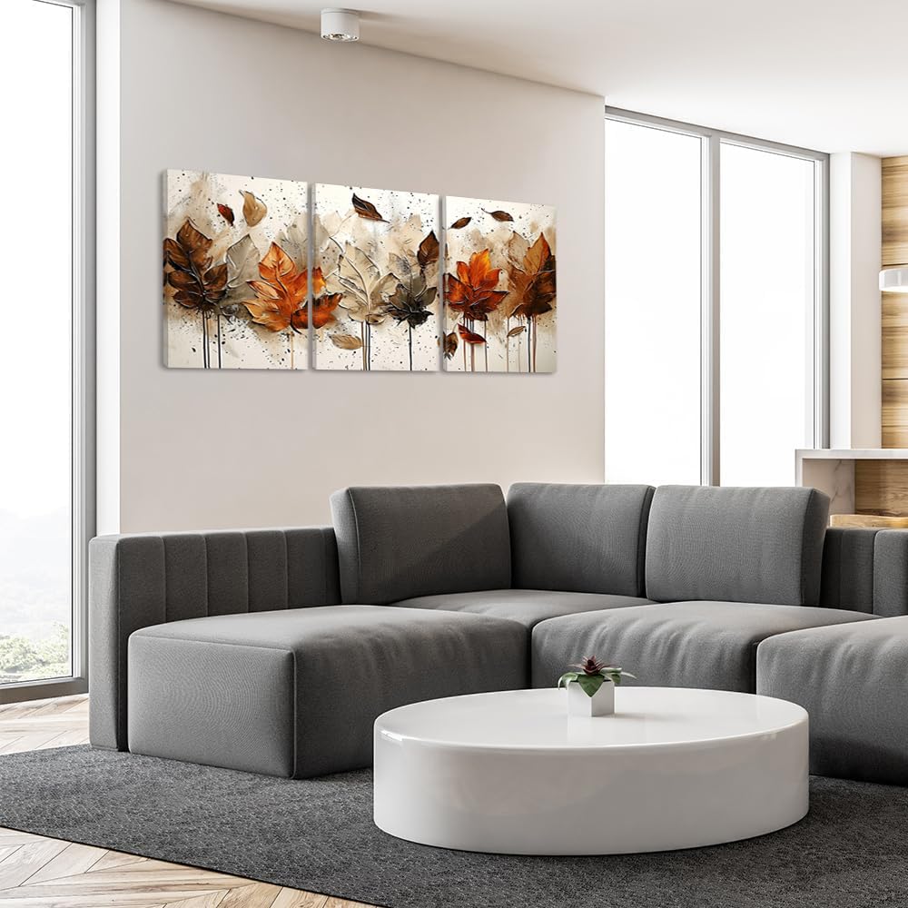 Piy Painting 3er Wandbilder Set, Leinwandbilder Mit Blättern, Vintage Kunstdrucke, Leinwand Bilder Natur, Bild Mit Rahmen, Dekorative Gemälde Für Wanddeko Schlafzimmer Wohnzimmer Flur Büro 58 x 40 cm