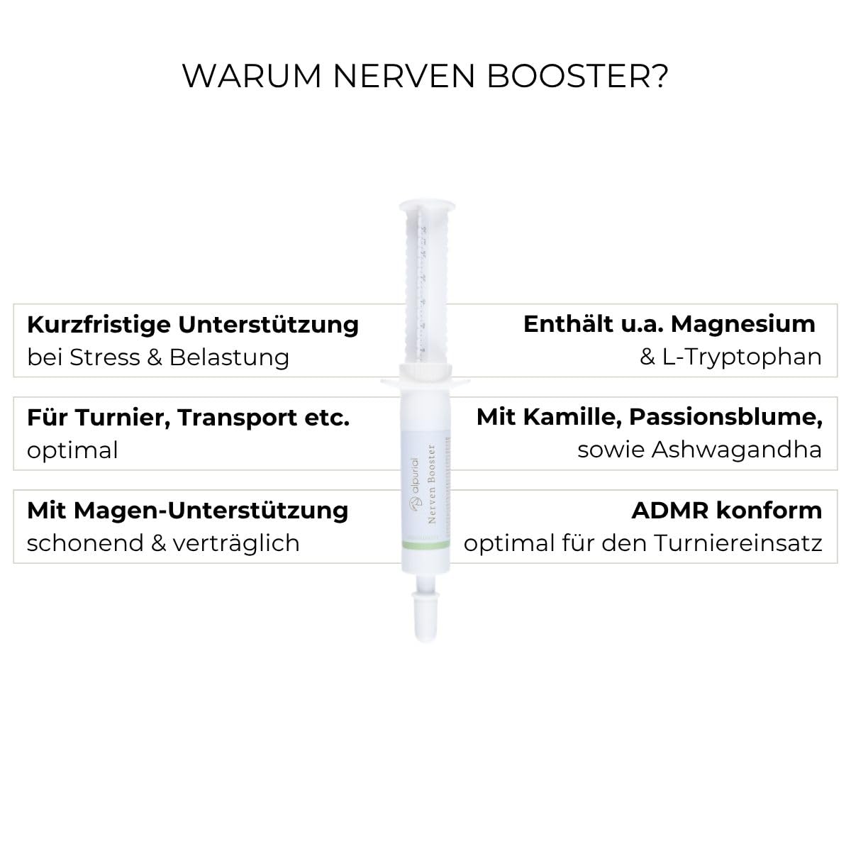 Nerven Booster - Ergänzungsfuttermittel für Pferde - von Tierärzten entwickelt - Paste zur Fütterung vor fordernden Momenten - mit Magnesium, B12 & Ashwagandha - ADMR-konform (3 x 30 ml)