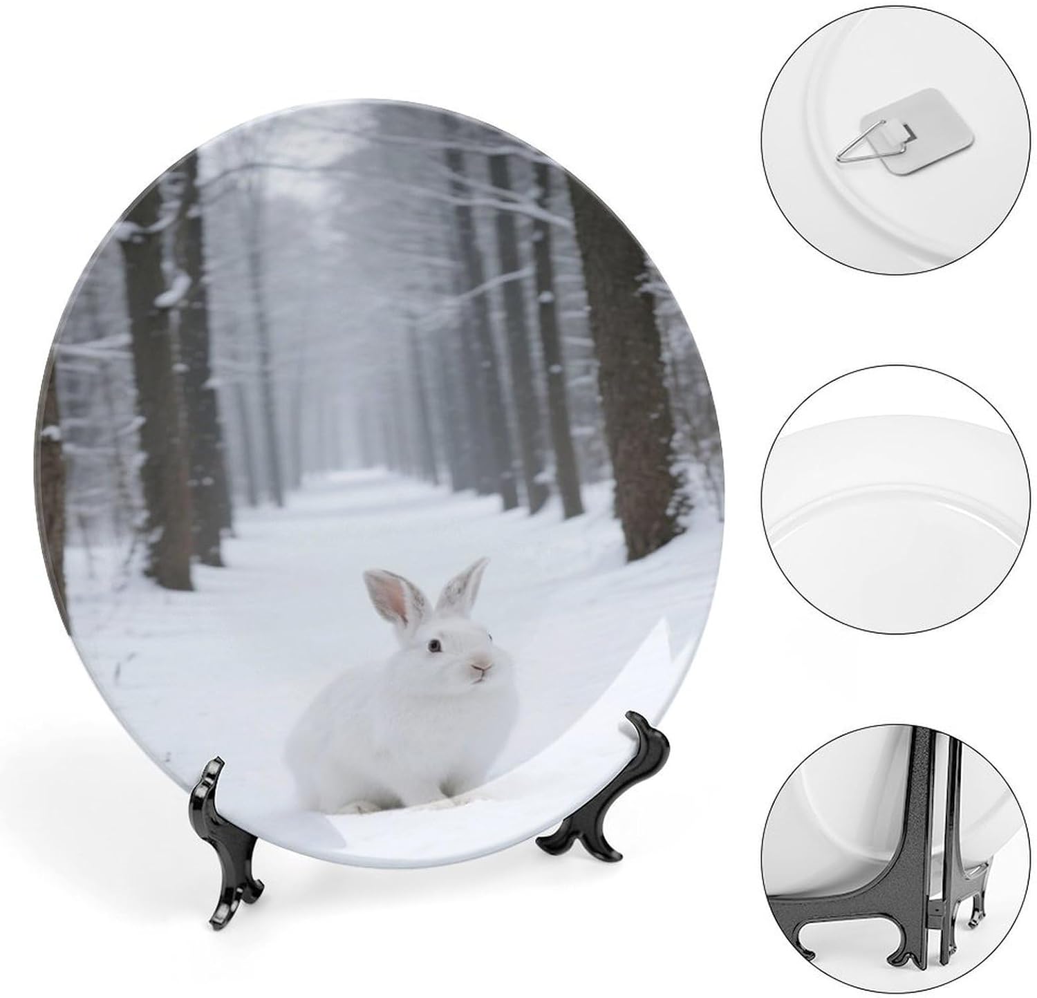 Bone China Decorative Plates White Rabbit in The Snow Ceramic Decorative Plate Wall Decor with Display Stand Ceramic Ornaments for Wall Hanging Decoration