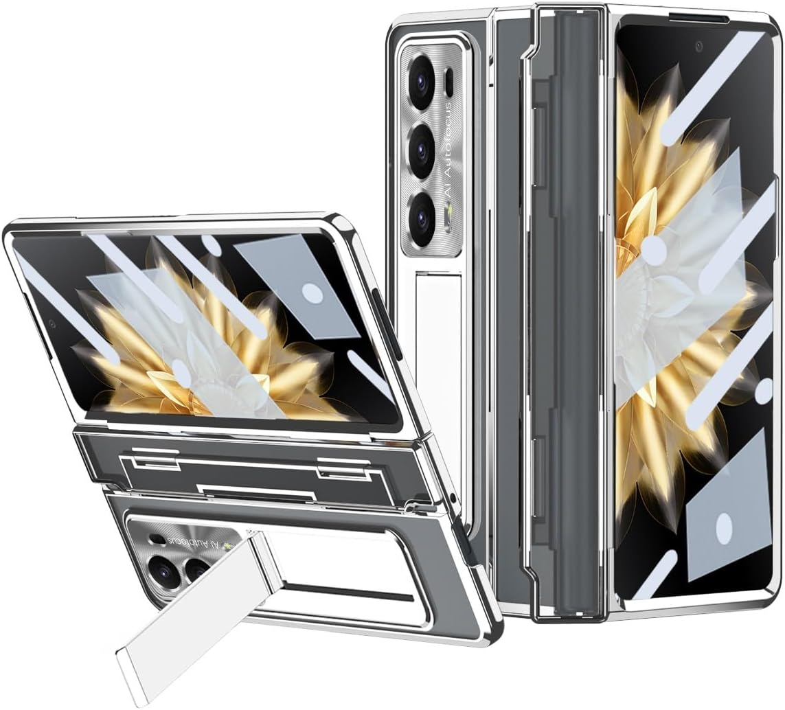 Phone Filp Case Compatible with Huawei Honor Magic V2 Case, Full-Body Protective Phone Cover with Electroplated Transparent Design, Built-in Screen Protector, Kickstand & Shockproof Hinge Guard Protec