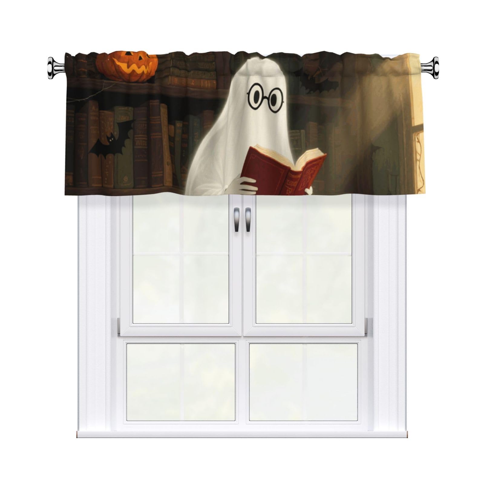 FekiLoot Halloween Spooky Ghost Reading Books Curtain Valance for Windows, Kitchen Window Valances Rod Pocket Window Treatments Short Curtains Drapes for Bathroom Bedroom Cafe Decor 54x18inch 1 Panel