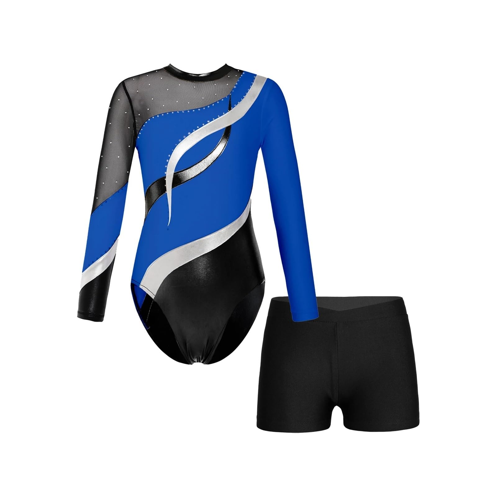 Gymnastikanzug Kinder Mädchen Kinder-Mädchen-Langarm-Gymnastik-Trikot mit glänzenden Strasssteinen und Shorts, Tanzbekleidungs-Sets for Tanzwettbewerb, Skating-Body(Royal Blue,10)