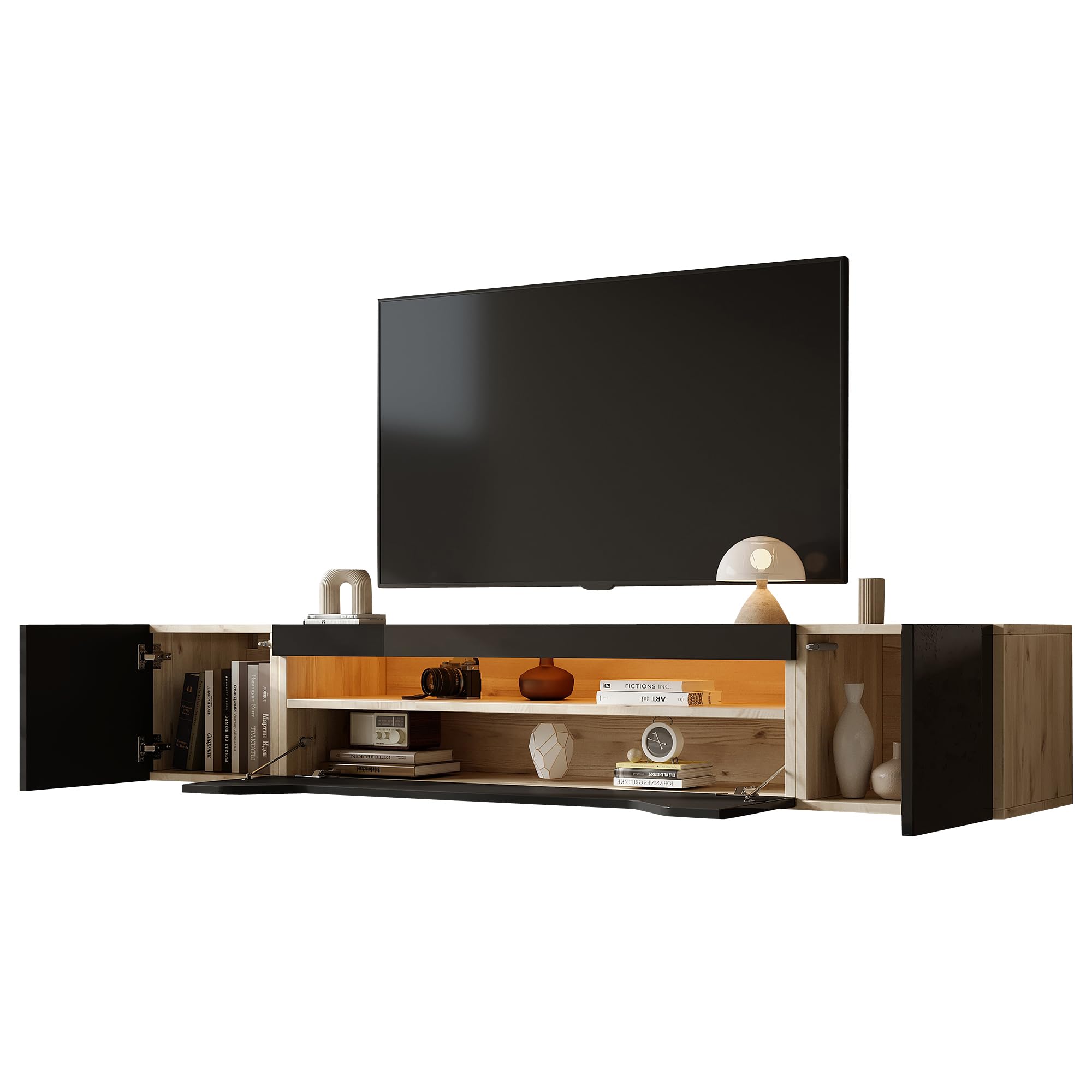 Meuble TV bas suspendu 180 cm avec LED, noir brillant et aspect bois, meuble TV mural avec 3 compartiments de rangement, 2 portes et porte rabattable, convient pour téléviseurs jusqu'à 75"