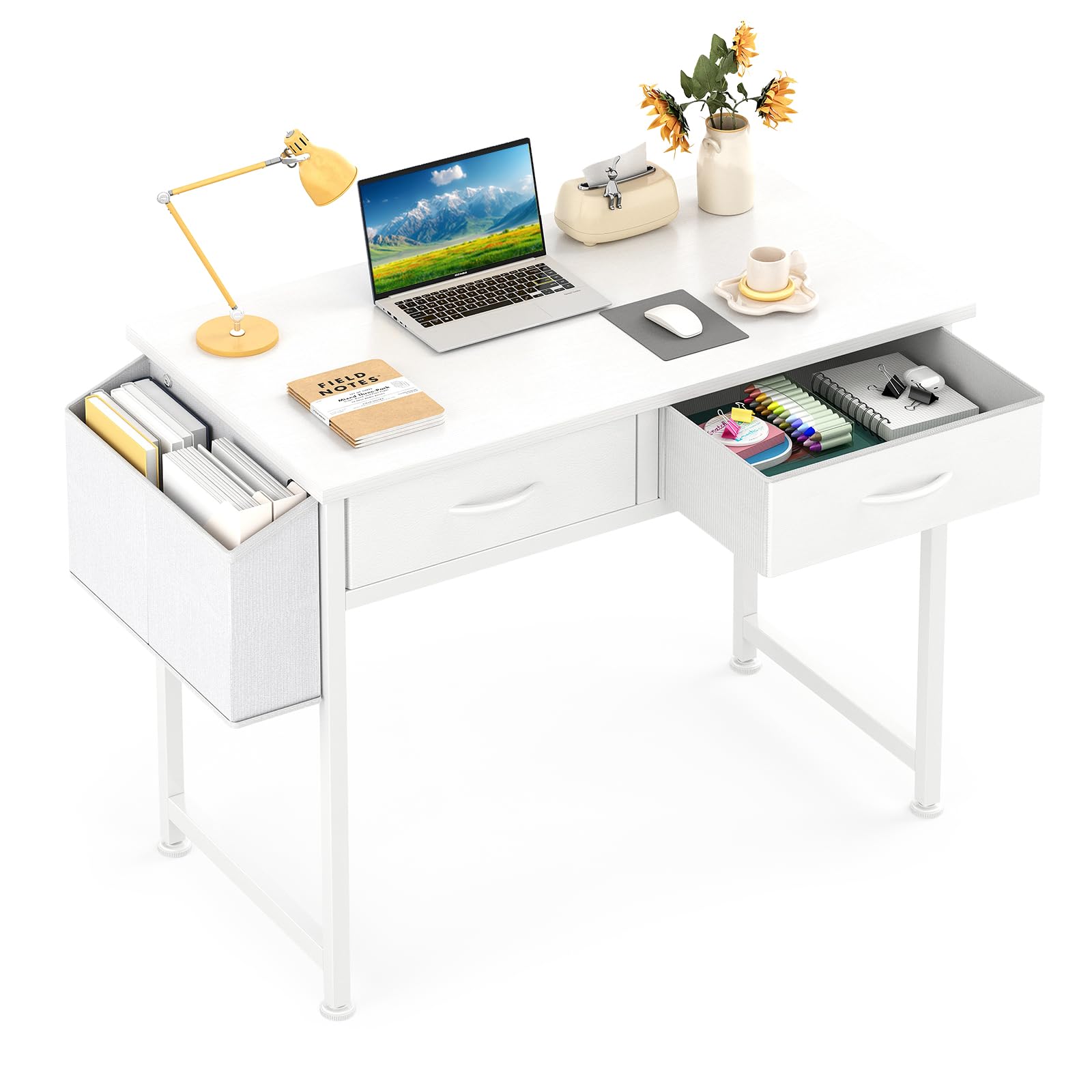 CAIYUN Small White Desk with Fabric Drawers for Bedroom, 31 Inch Home Office Desk with Side Pocket and Hook for Small Space, Makeup Vanity Desks Kid’s Desks to Writing Made of Wood and Metal, White