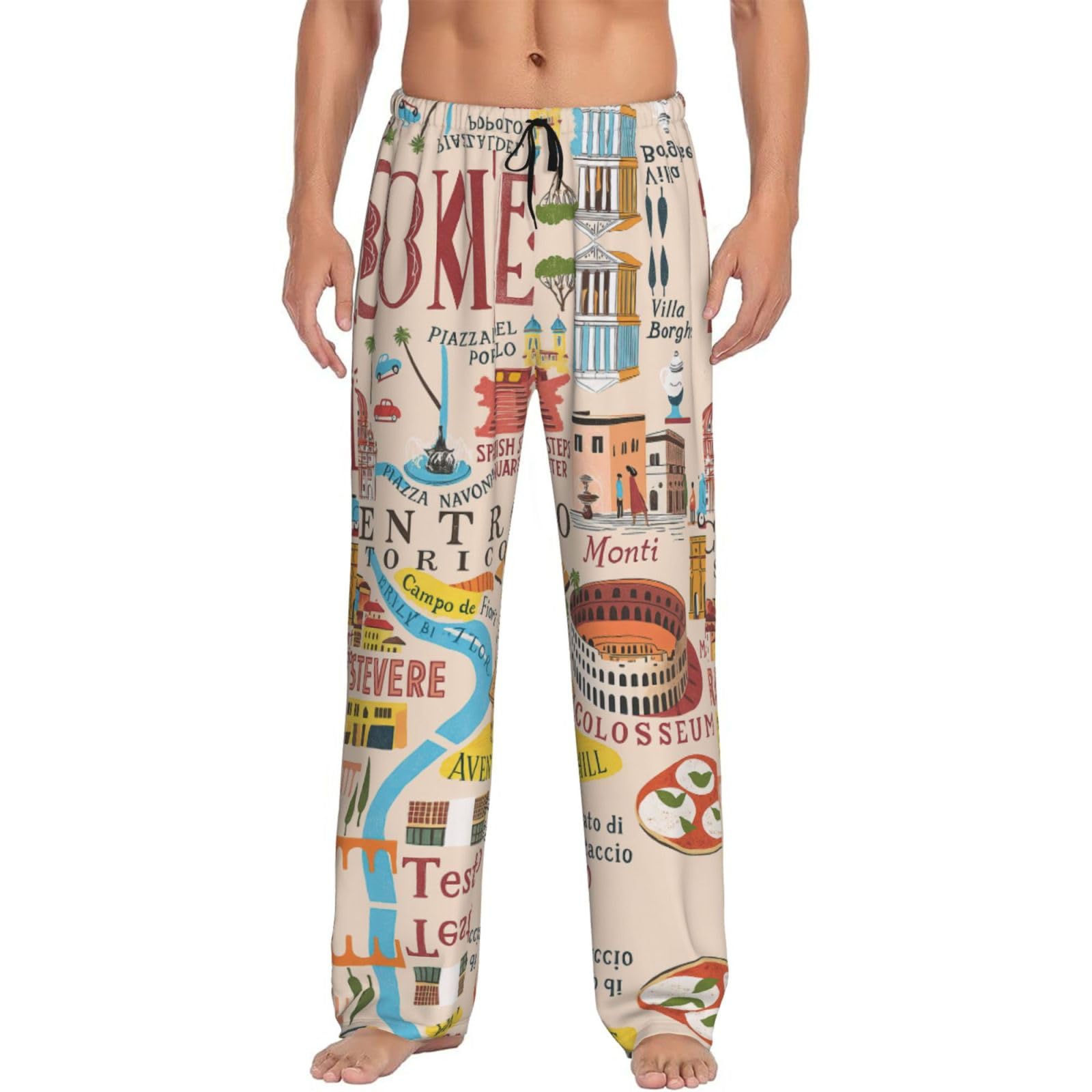 LENGYC Rome Map With Landmarks Illus Print Men'S Long Pajamas,Soft Pajamas,Casual Loungewear,Men'S Sleep Pants,Casual Pants.