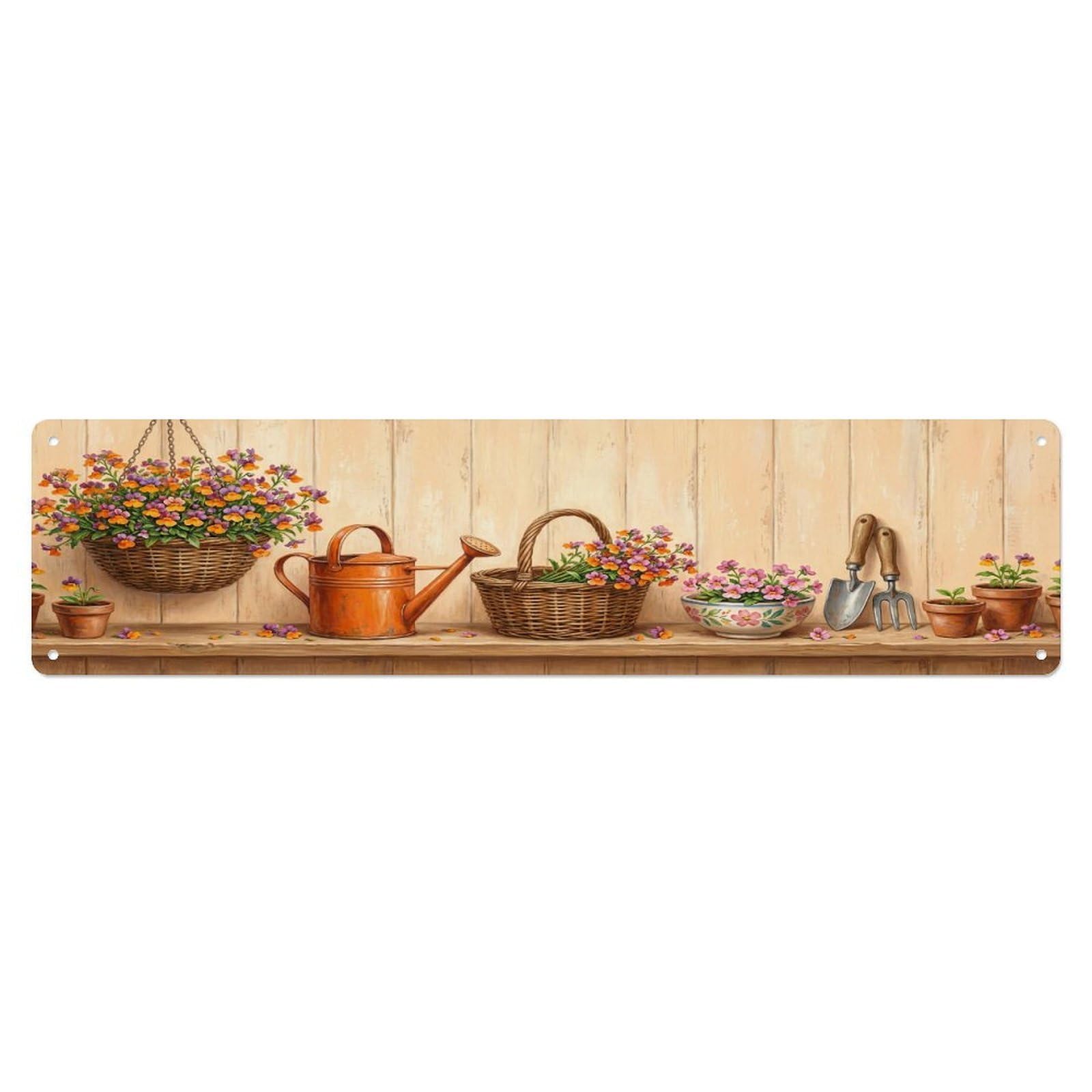 Floral Garden Tools Nemesia Basket Pattern Print Metal Tin Sign