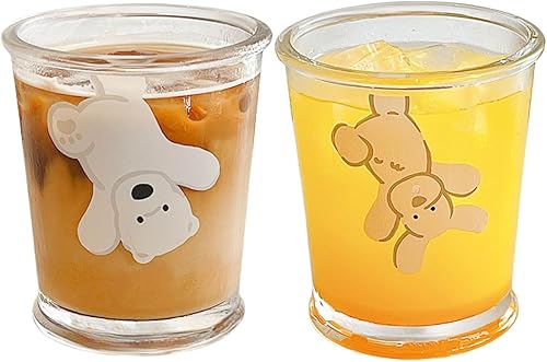 Juego de 2 vasos franceses de 12 onzas de vidrio transparente para café con diseño de oso y perro, para té helado, jugo, café, leche, café con