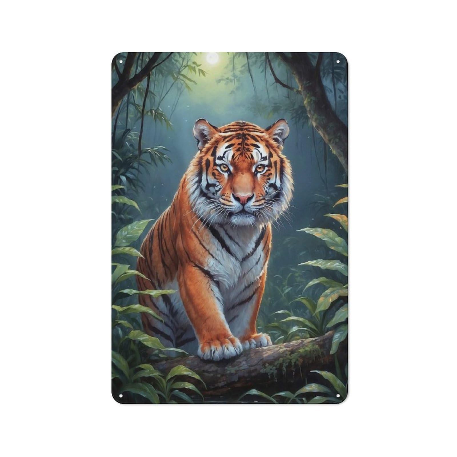 Junmoney Tiger In Moonlight Jungle Metal Wall Sign 30X20cm Featuring For Home Bar Wall, Suited To Bar Sign Collectors