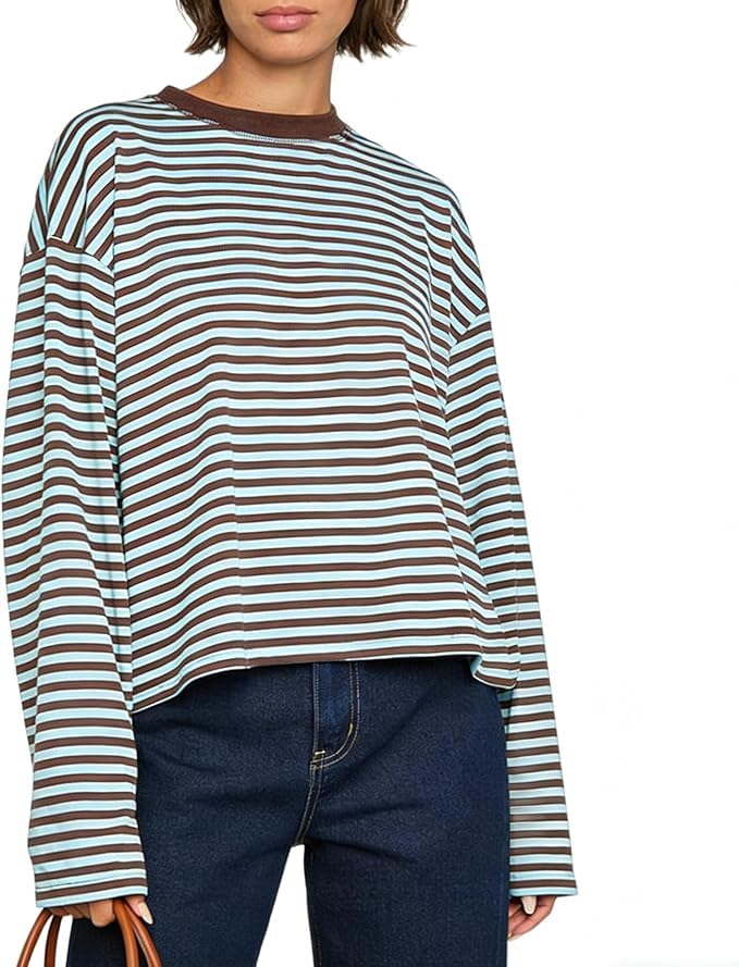 Foidiccx Striped Long Sleeve Shirt Women Y2k Oversized Crewneck