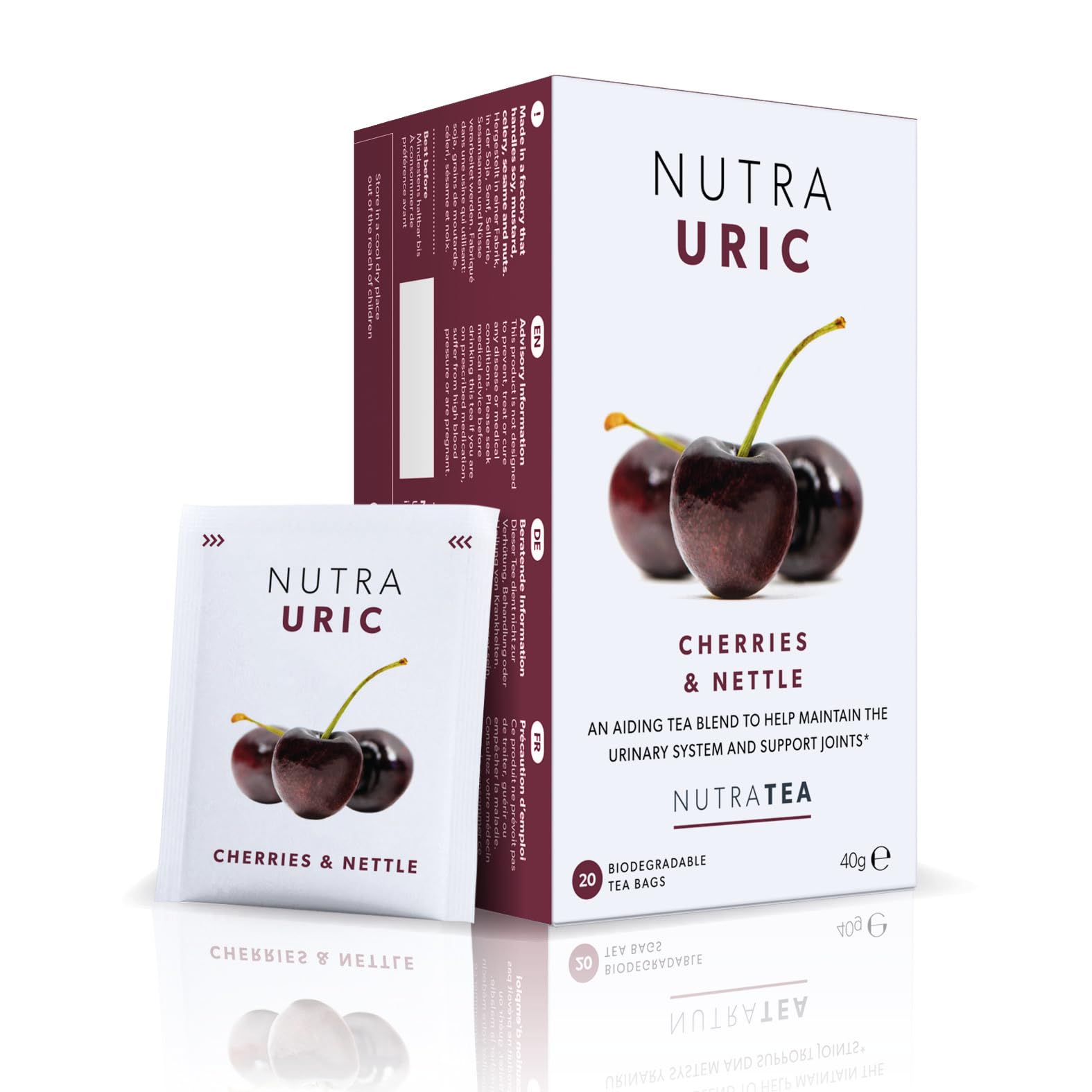 Nutra Tea NUTRAURIC - Uric Acid Support - Containing Natural Cherry & Nettle - 20 Individual Wrapped Bags - Herbal Infusion (1 Pack)