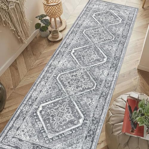 KUTA 3x8 Grey Oriental Area Rug for Living Room, Vintage Washable Kitchen Rugs Non Slip, Ultra Soft Printed Distressed Eastern Medallion Entry Runners Low-Pile Throw Carpet for Bedroom Decor