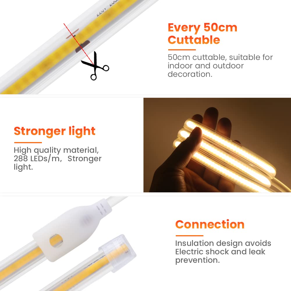 Tira LED neón COB 220V [20M，Blanco Cálido (3000-3500K)], IP65 impermeable flexible, 288 LEDs/m Tira LED FCOB cortable CRI85+, iluminación para dormitorio, cocina, sala de estar y tiendas
