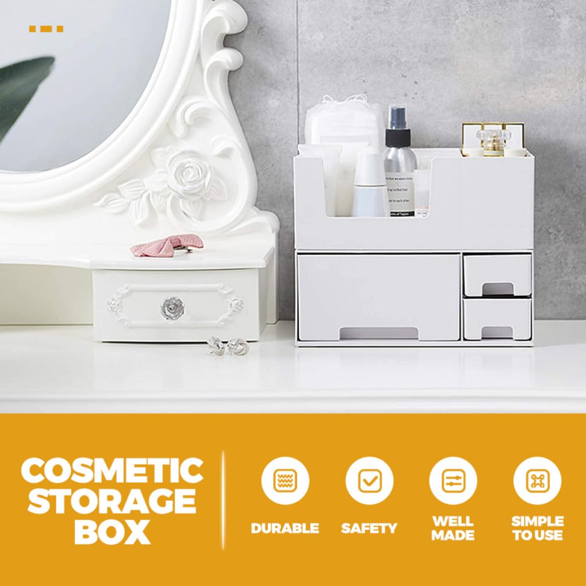 Outanaya Organizer per Cosmetici da Scrivania in Plastica Bianca Doppio Scomparto, Facile da Pulire e Ampio Spazio di Archiviazione, per Oggetti Quotidiani e Frutta