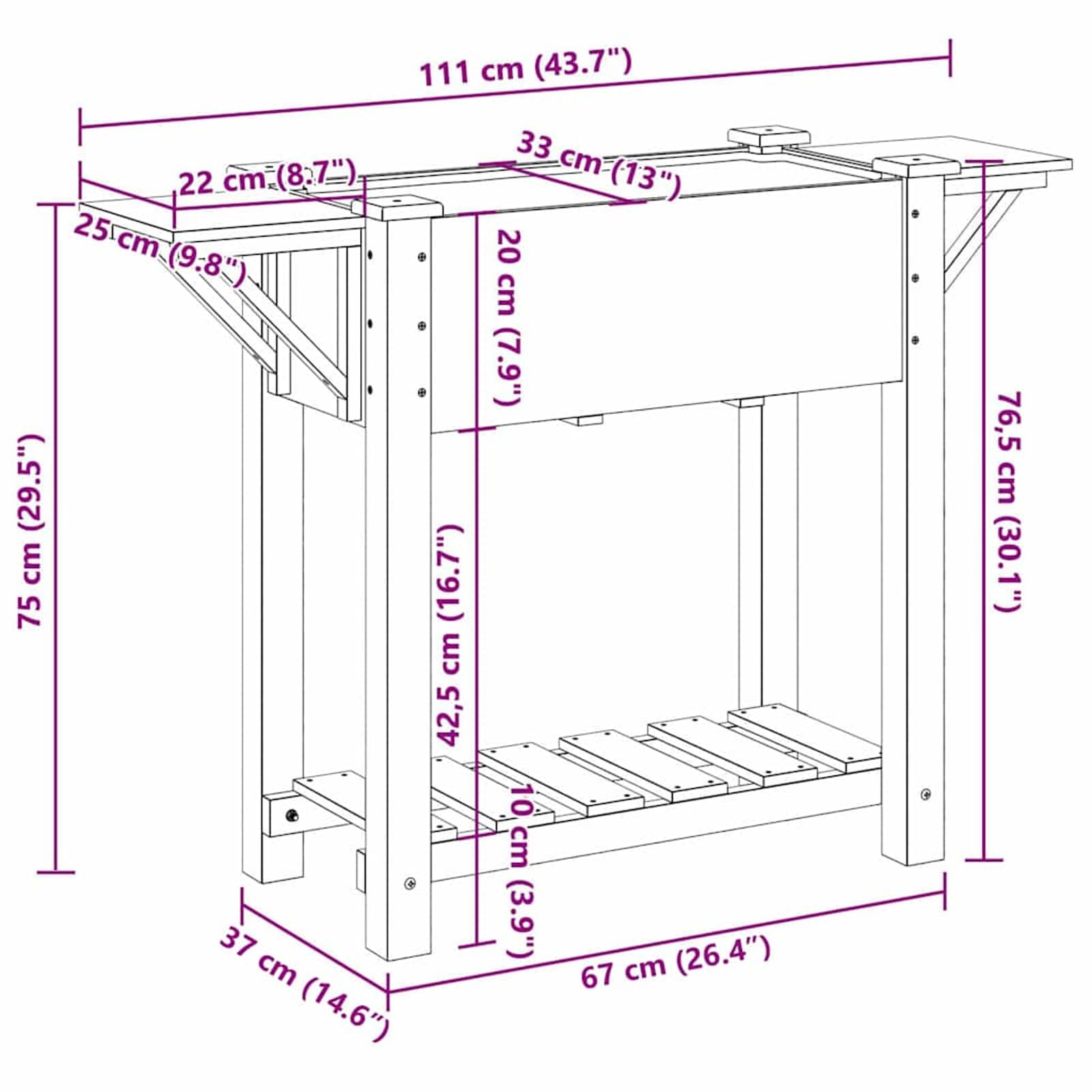 Donica na rośliny z wbudowanym regałem – lite drewno świerkowe, beżowa, 111 x 37 x 76,5 cm, 1 sztuka, do użytku na zewnątrz, dla hobbystów