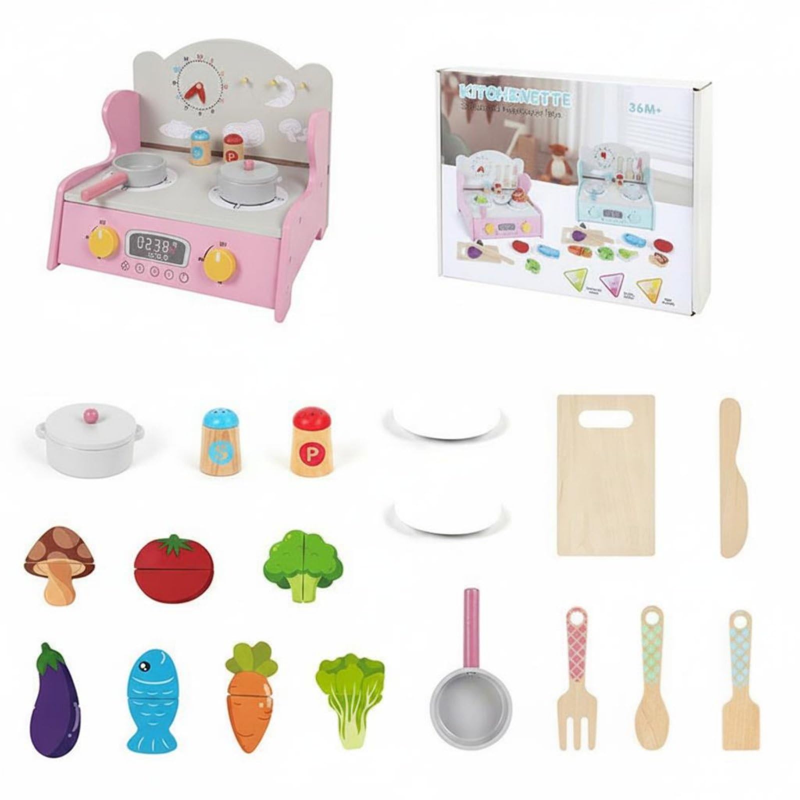 Gralara Fornello Giocattolo con Accessori Gioco di Imitazione Mini Cucina con Pentole Idea Regalo Compleanno per Bambine, Cameretta, Grande, Rosa+Frutti