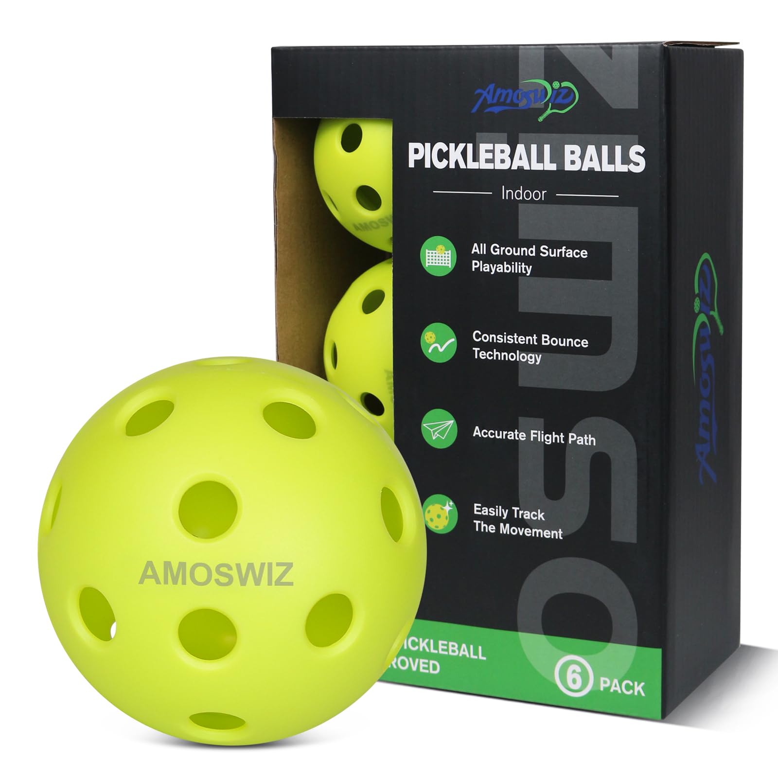 Amoswiz Indoor Pickleball Balls, 6 Pack of 26 Holes Pickleballs, USAPA Approved Indoor Pickleballs Set, High Visibility Durable Pickle Balls for Training and Tournament, Green โ image 1
