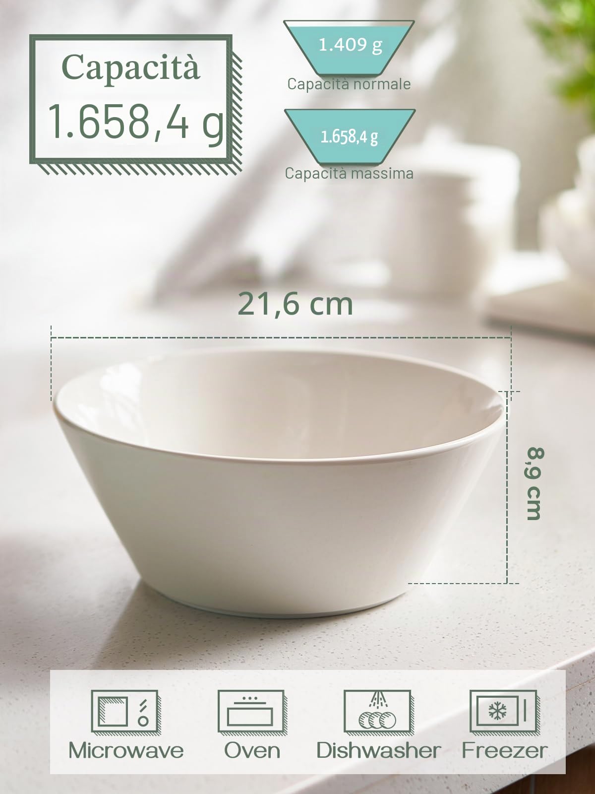 DOWAN Set di 4 insalatiere grandi in ceramica da 1,658 g, adatte al microonde e alla lavastoviglie, ideali per insalata, frutta, pasta, snack, farina d'avena, set di ciotole per zuppe per ristorante