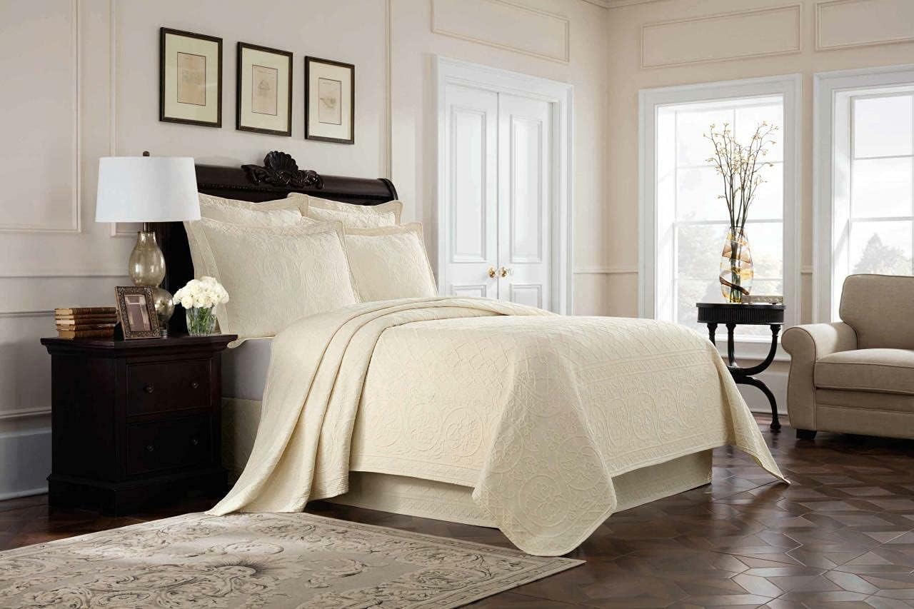 Royal Heritage Home Williamsburg Richmond Matelasse Bedspread, Coverlet Collection (White, Queen Tailored Bedskirt 15" Drop)