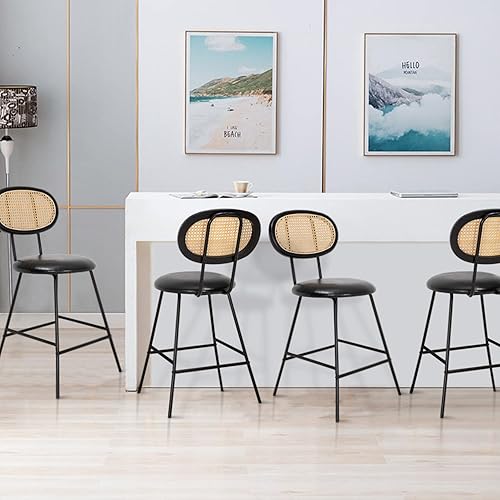 Miniatura 9 de Scurrty Taburete de bar de ratán, taburetes de bar de altura de mostrador, taburetes de bar de cuero para interiores con patas de metal y respaldo