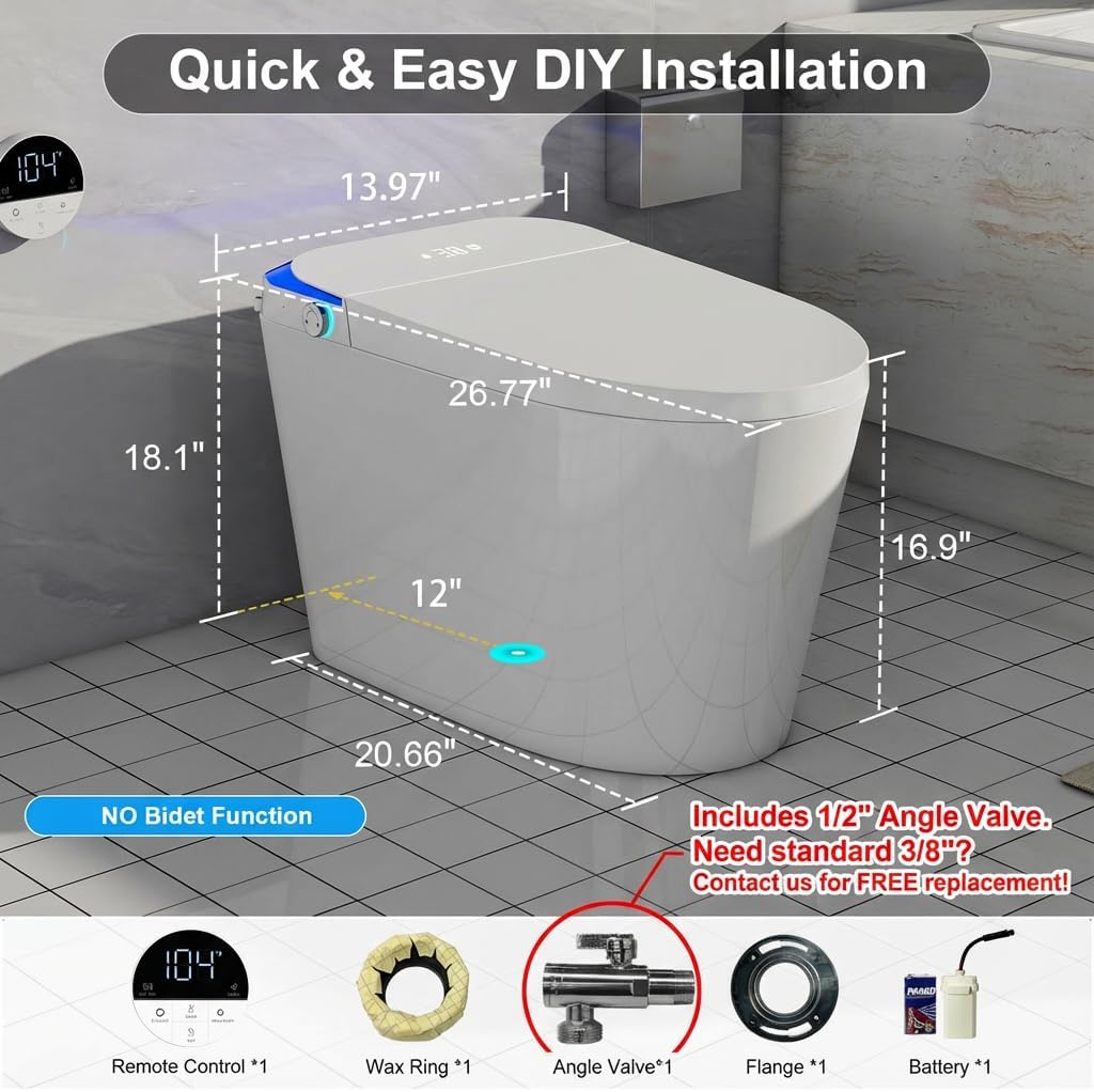Vipbear Tankless Smart Toilet with Foam Shield, Built-in Booster Pump for Low Pressure, Auto Open/Close Lid, Blackout Flush, Heated Seat, Foot Sensor, Night Light, Angle Valve Included, No Bidet