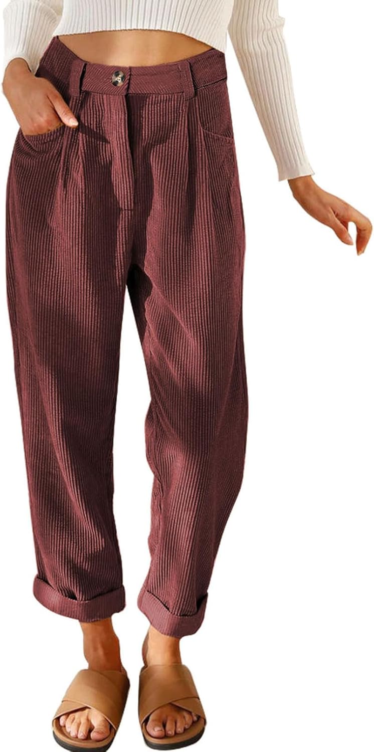 Acelitt Womens Elastic Waist Straight Leg Corduroy Pants with Pockets, S-2XL
