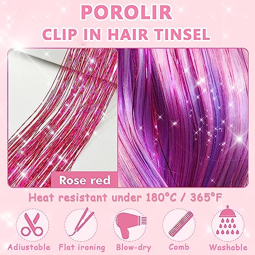 Image of MAYCREATE 6pcs Hair Tinsel Clip-in Glitter Hair Extensions for Women, 20.5in Pink Shiny Tinsel Strands, Heat Resistant Fairy Sparkle Hair Accessories for Girls Kids Festival Cosplay Party Gift
