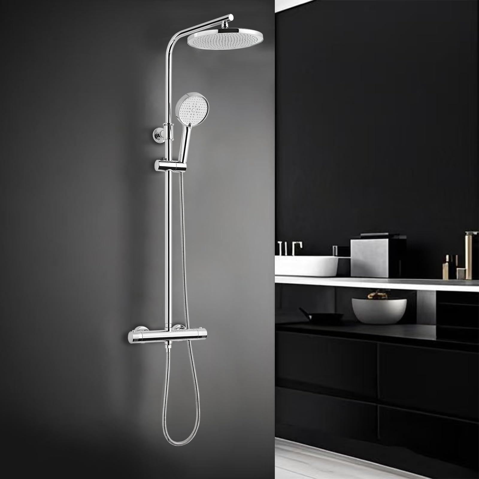 Ronvie Chrome-Round Thermostatic Shower Mixer Set, 25Cm Round Overhead Rainfall Shower, 3 Modes Shower Head With Adjustable Height Shower Rod, Anti-Leak Hose, Anti-Scald Thermostatic Shower System Chrome