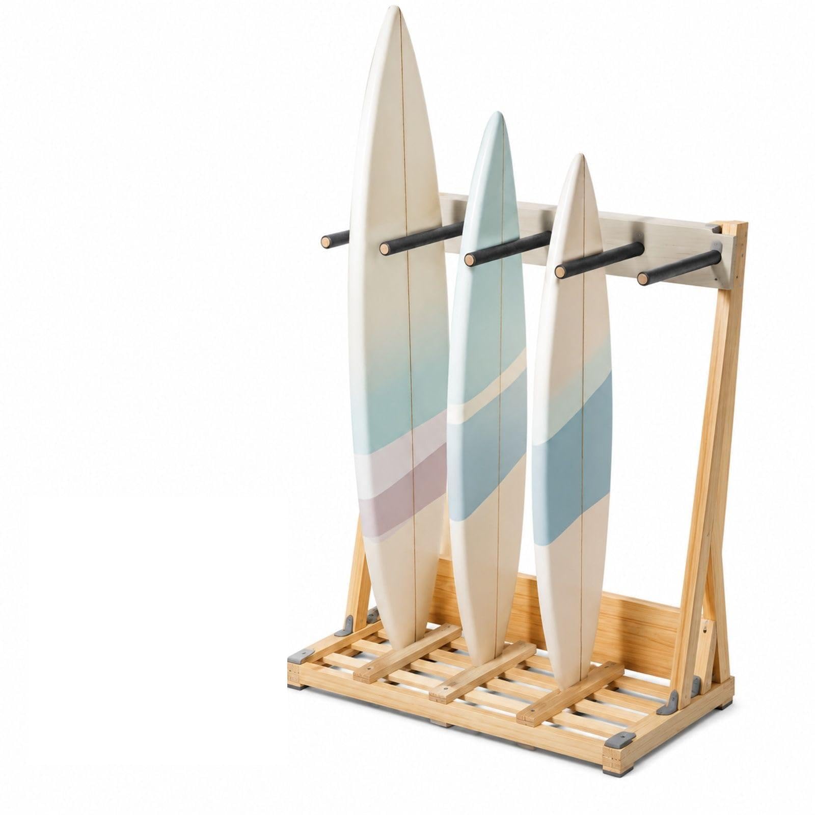 Vertikaler Surfbrettständer aus Holz, freistehendes 4-stufiges Boardregal zur Aufbewahrung und Präsentation für Snowboards, Wakeboards, Kitesurfs, Shortboards und Skier