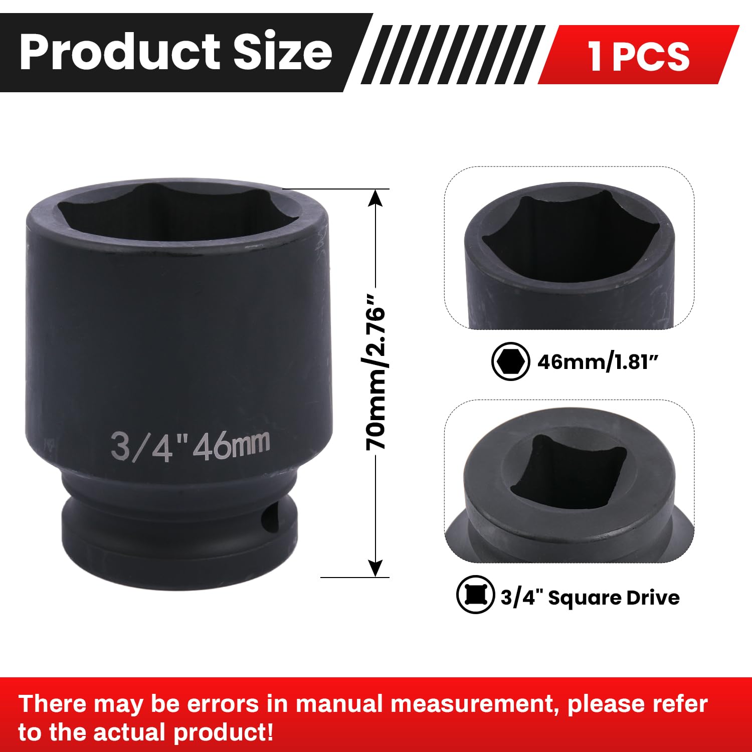 Deep 6-Point Impact Socket 3/4" Drive 46mm,Chrome Molybdenum Steel, Anti-Rust Metric Hex Socket for Car Repairs and Impact Wrench - Image 2