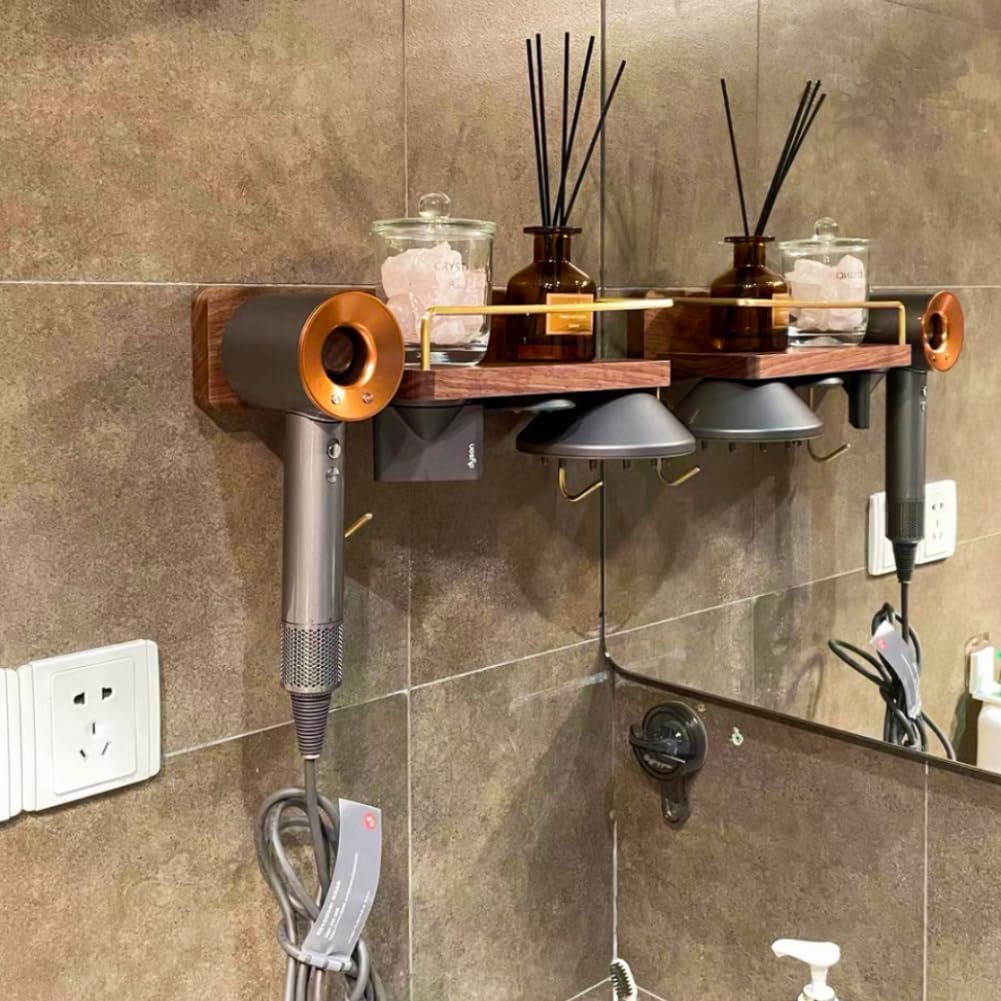 Wallmount Hair Dryer Holder Rack Compatible with Dyson Supersonic Hair Dryer Blow Dryer Accessories and Attachments Organizer Storage Rack, Walnut Wood(Hair Dryer & Attachments not Included)