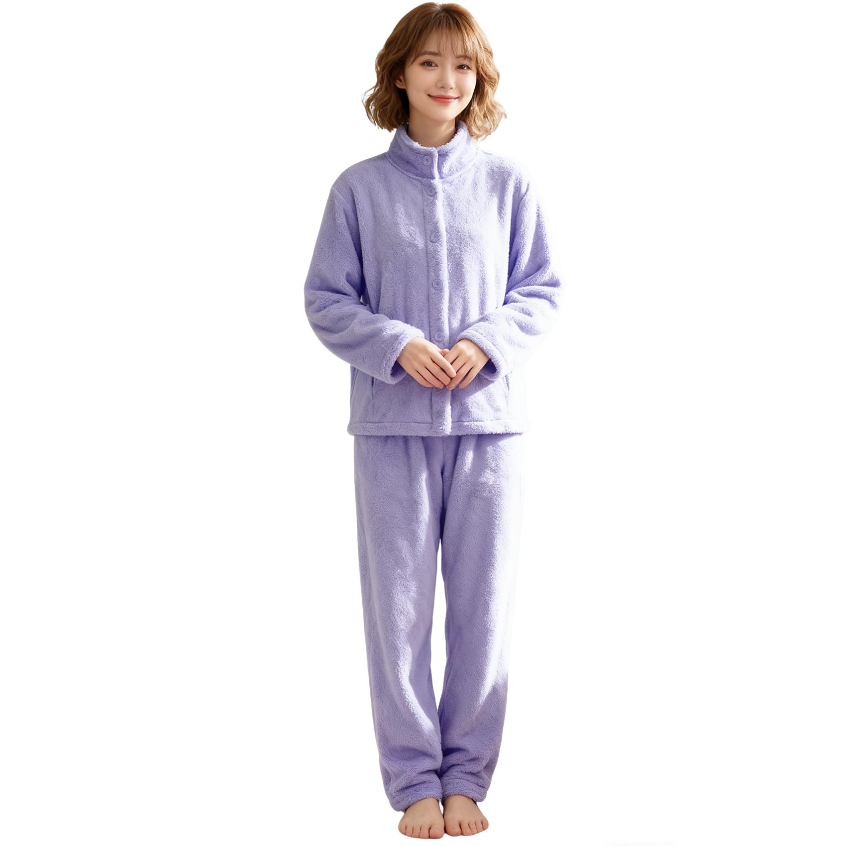 Women's Pajamas, Thick, Front Opening, Loungewear, Long Sleeve, Autumn and Winter, Turtleneck, Cold Protection, Thermal, Loungewear, Plain, Fleece Lined, Warm