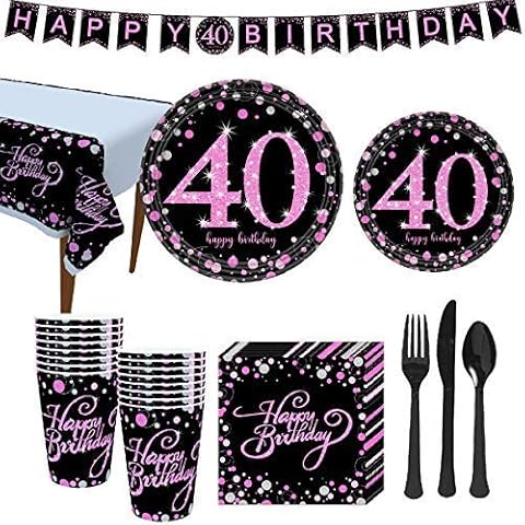 40th Birthday Party Supplies Set Serves 16 Guests(114 Pieces) for Women Disposable Tableware Kit Including 7”Plates,9”Plates, Banner, Cups, Napkins, Tablecloth, Spoons, Forks and Knives… Cover