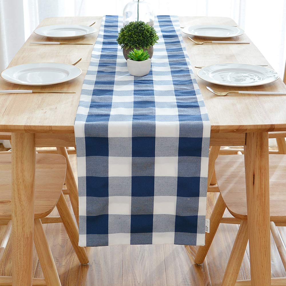 NATUS WEAVER Navy Blue & White 2 Piece Fabric in 1 Buffalo Check Table Runner for Family Dinners or Gatherings, Indoor or Outdoor Parties, Everyday