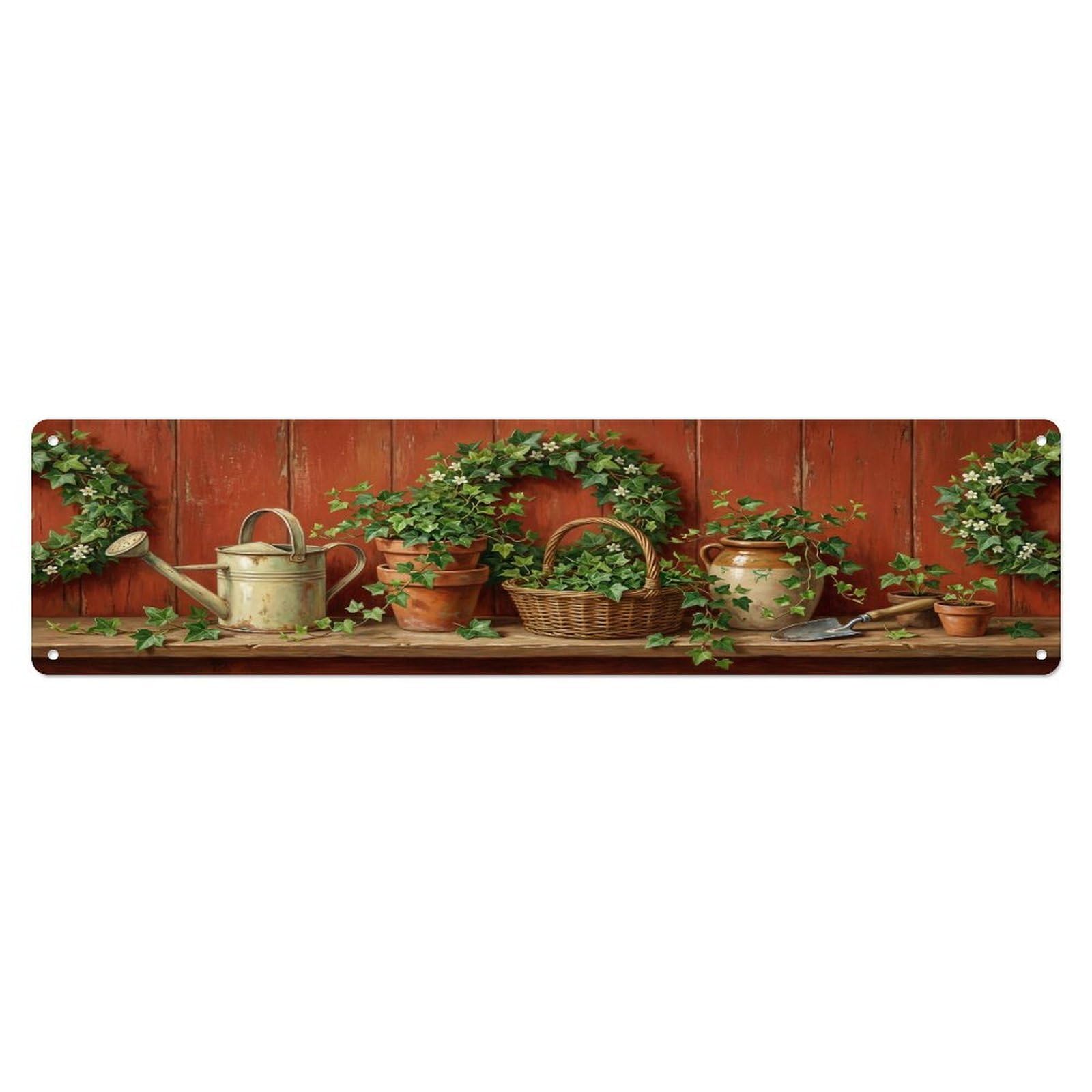 Floral Garden Tools Ivy Wreath Pattern Print Metal Tin Sign