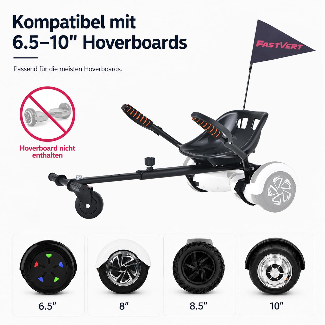Umweltfreundlich Hoverboard Sitz mit Sicherheitsflagge | Kompatibel mit 6.5", 8", 8.5" & 10" Hoverboards, mit Handguards und robustem Stahlrahmen für mehr Sicherheit