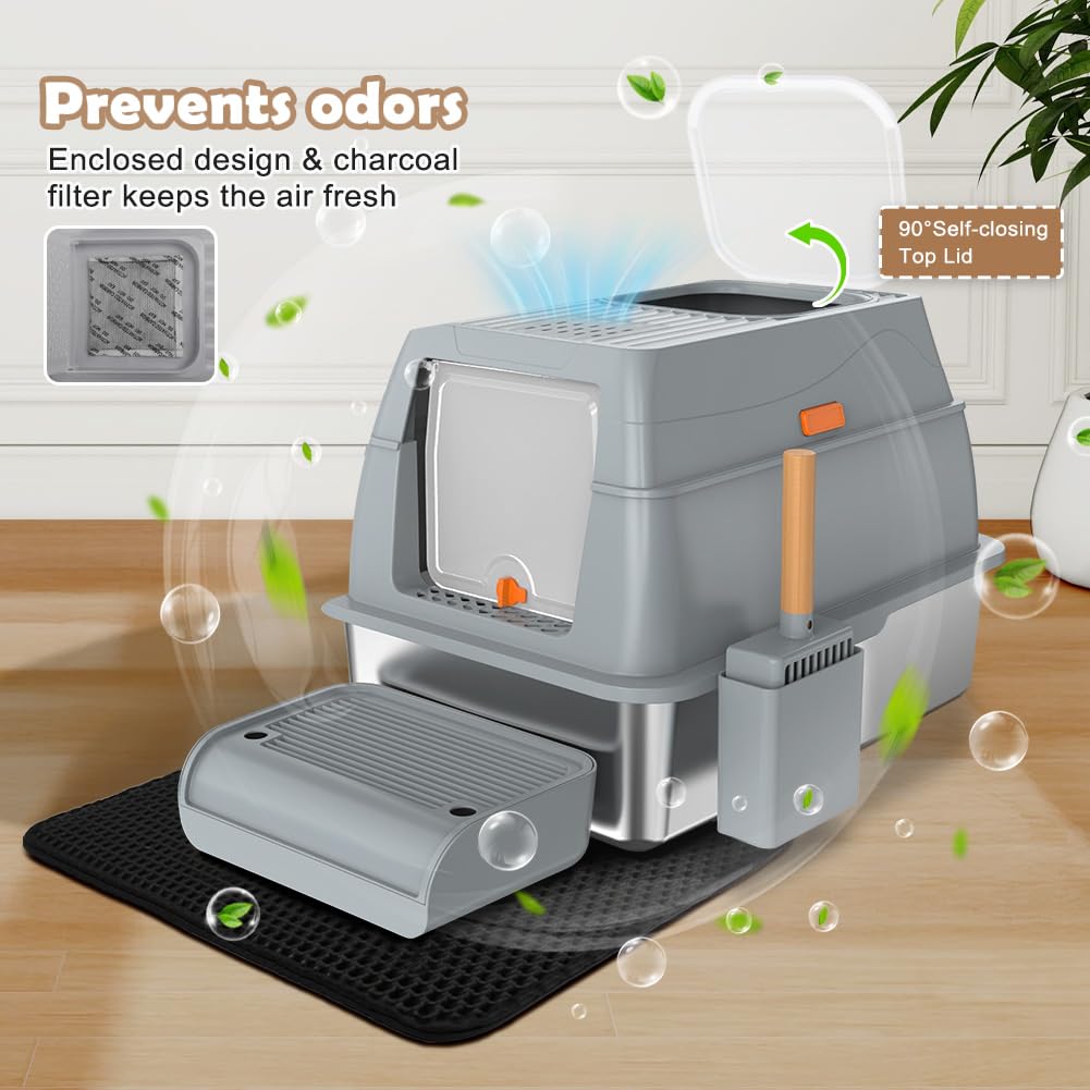 Vivifying Stainless Steel Litter Box with Lid, XL Front Entry Enclosed Extra Large Litter Box for Big Cats & Kitty, Top Exit Metal Cat Pan with Scoop, Mat, Trapping Step, Charcoal Filter (Gray) - image 5