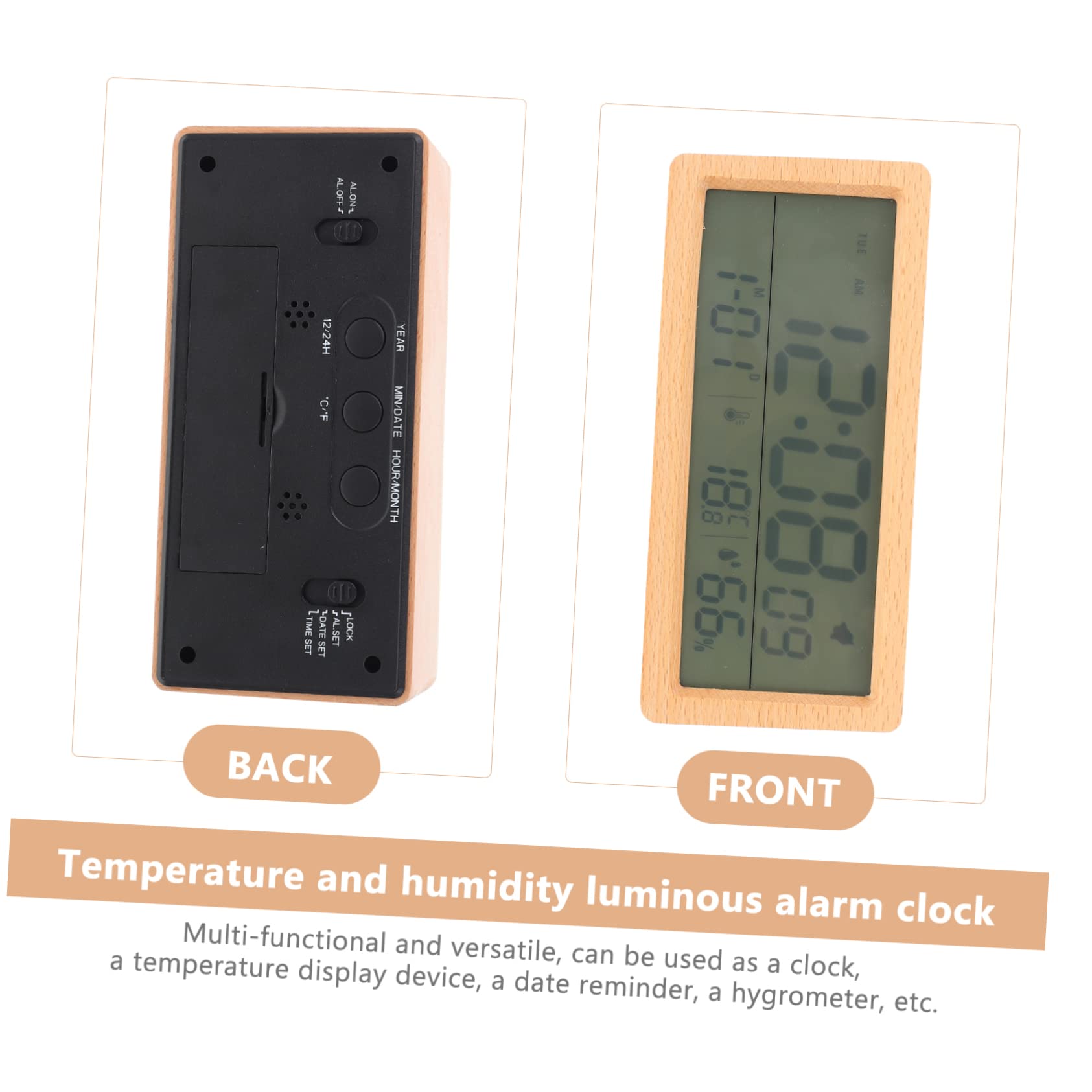 Amosfun 2 Juegos Reloj Despertador Digital Multifuncional de Madera con Pantalla Grande y Sensor de Temperatura para Mesita de Noche No Incluye Batería