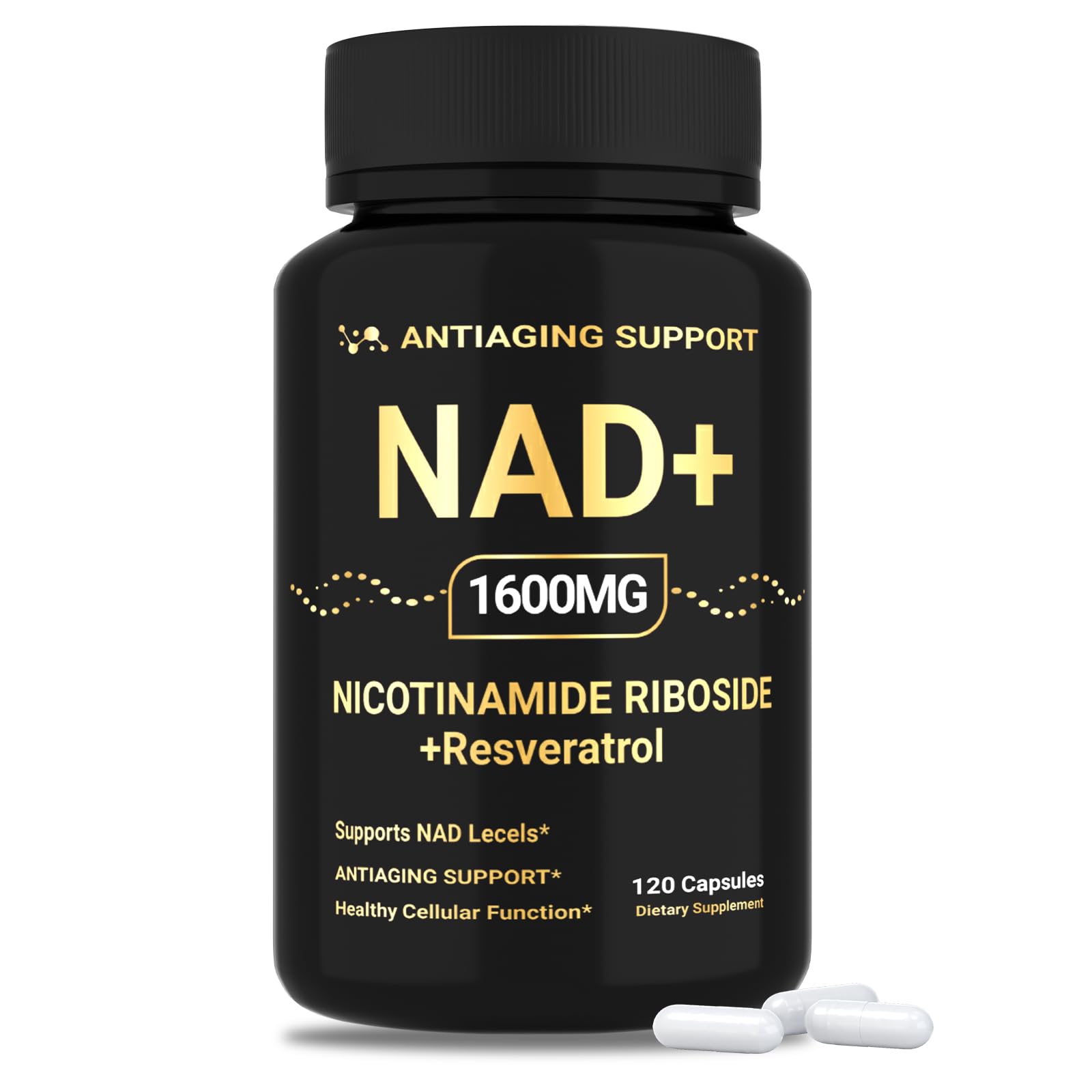 NAD Supplement 1600mg, NAD+ with Resveratrol & Nicotinamide Riboside, Anti-Aging Support, Cellular Energy & Mental Clarity Support, Vegan Non-GMO, 120 Capsules