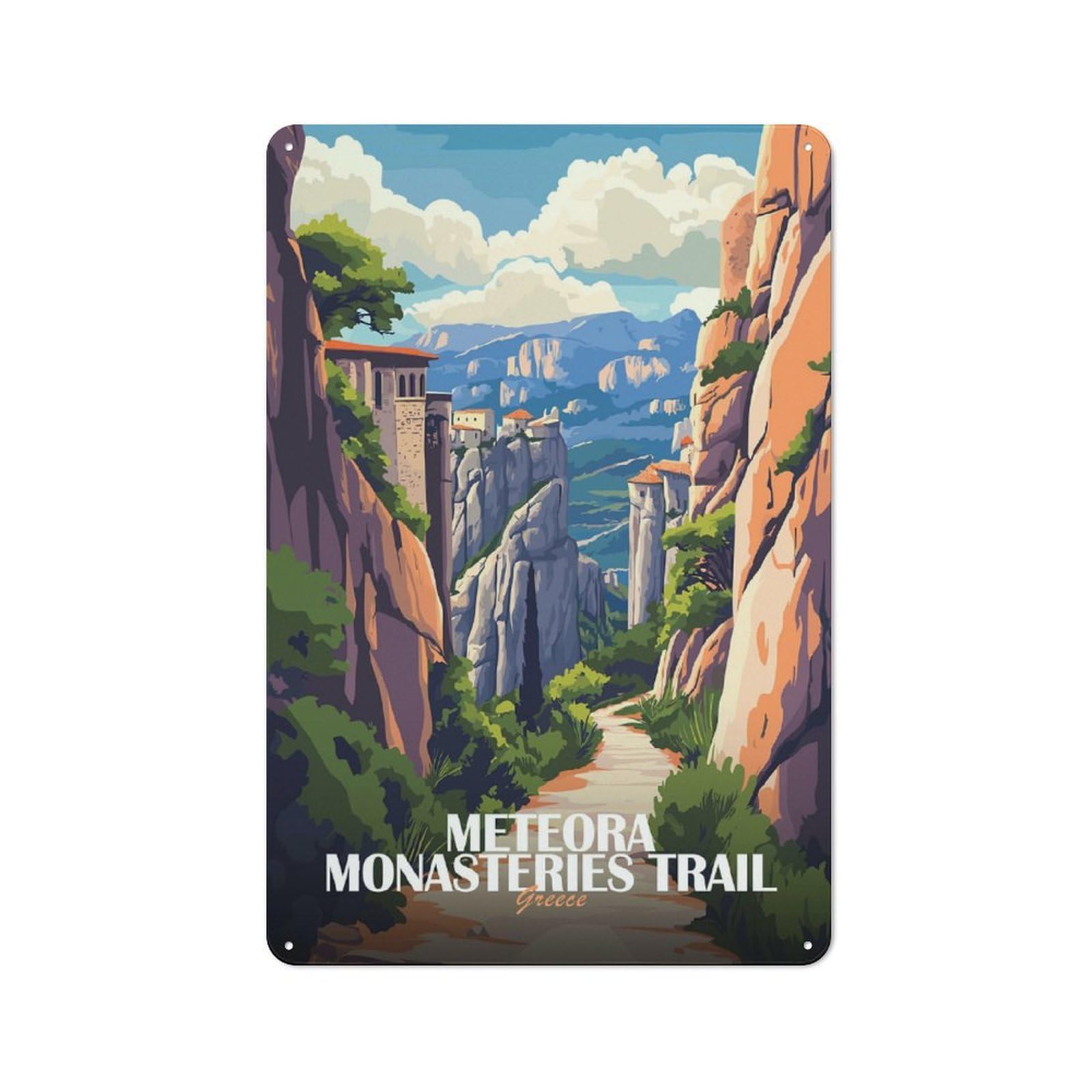 Junmoney Style-13 Meteora Monasteries Trail Greece Art Rustic Metal Plaque 30X20cm For Garage Or Workshop, For Kitchen, Dining Room And Home Bar Wall Decor