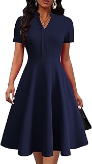 Womens Summer Short Sleeve V Neck Fit and Flare Semi Formal Work Wedding Guest Dresses with Pockets