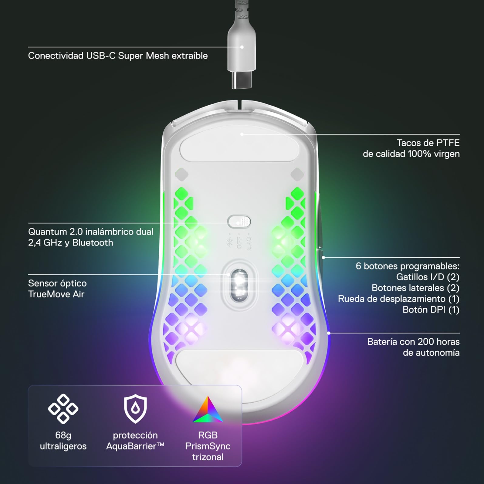 SteelSeries Aerox 3 Wireless Snow - Raton Inalambrico Gaming - Diseño ultraligero resistente al agua - RGB - Sensor óptico TrueMove Air 18K DPI