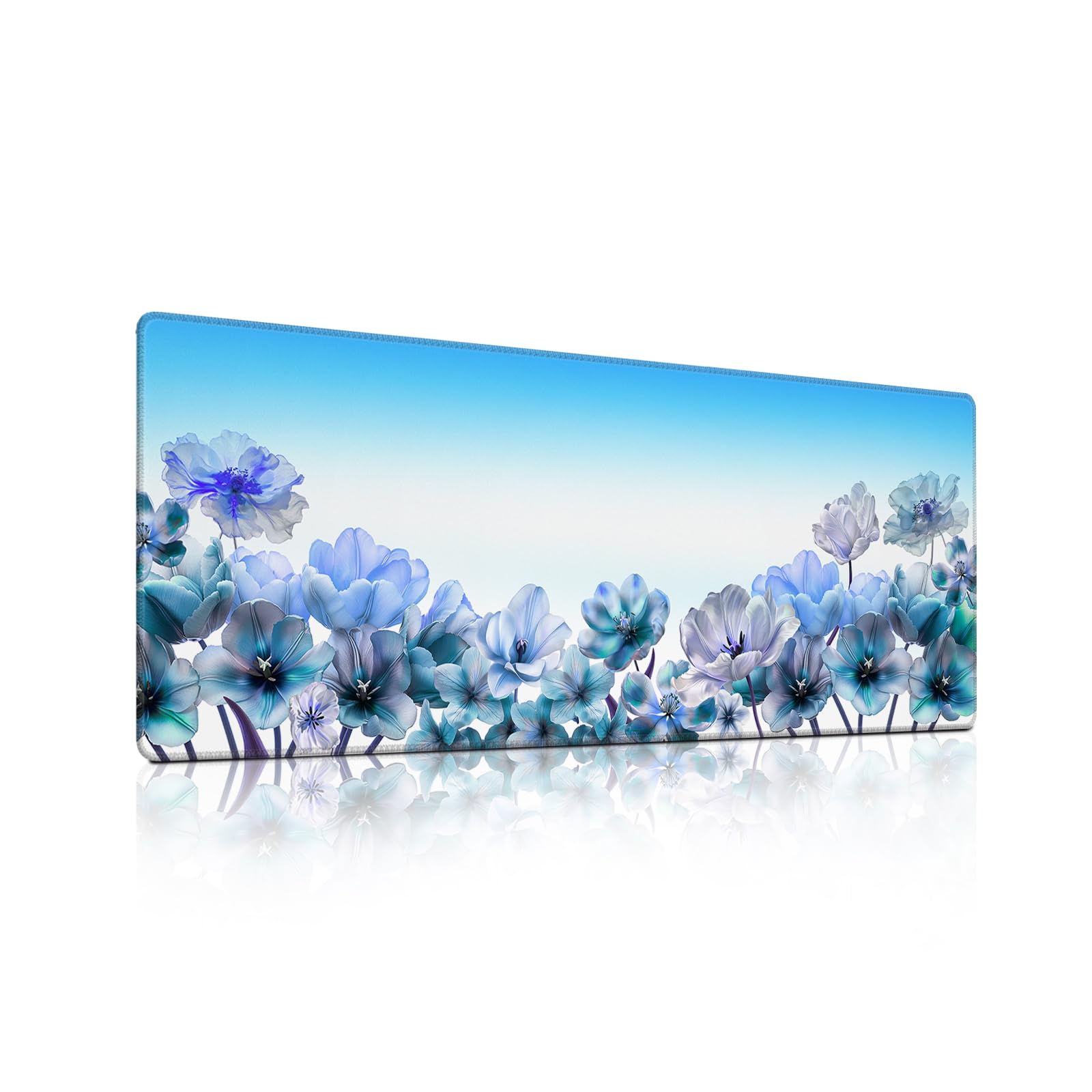 Floral Flowers Mouse Pad, Colorful Blue Tulips Mousepad - Large Non-Slip Desk Mat for Office, PC, Laptop - 31.5"x11.8" x 3mm