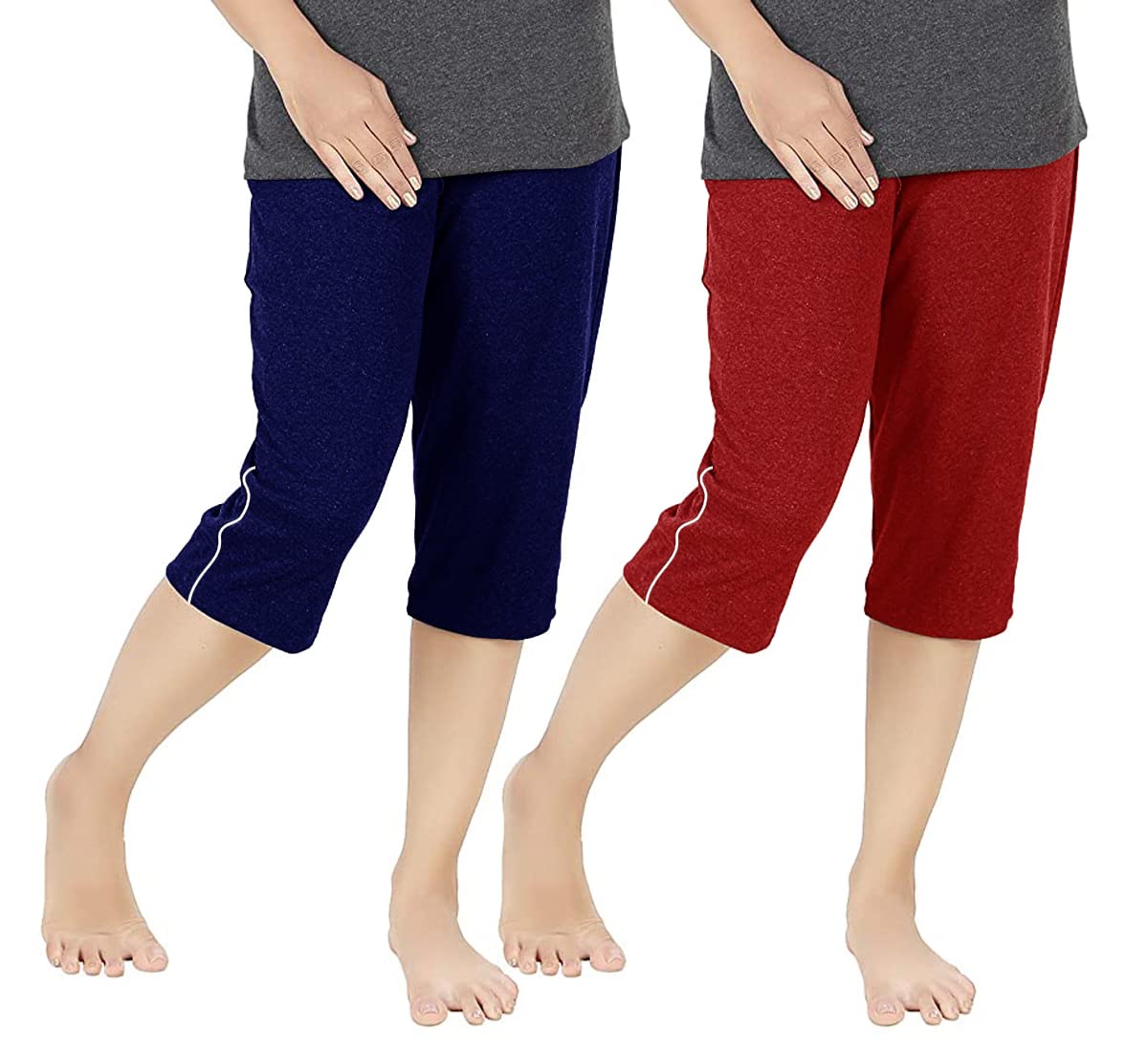 Stylcozy Women's Regular Fit Cotton Three by Fourth, 3/4, Woman Capri, Capris, Three Quarter for Women, Shorts, Three Quarte Pack of 2 with Right Side Zip Pocket