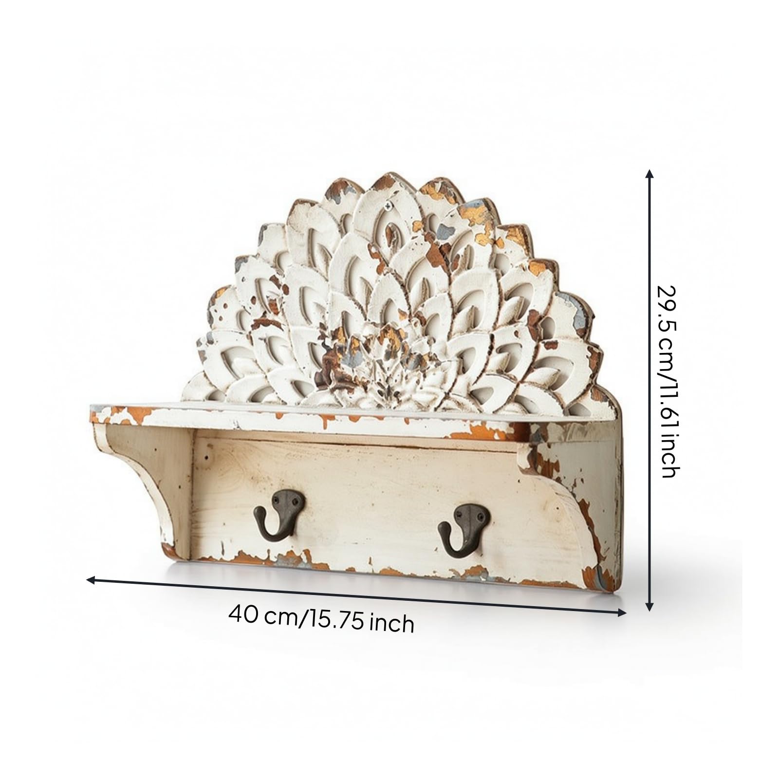 KESOTO Mensola da Parete in Legno con Ripiano Scaffale Portaoggetti Pannello Traforato Floreale E Finitura Antica Adatta per Ingresso Corridoio Lavanderia 40cmx29.5cmx12.5cm