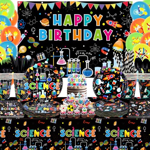 Science Party Supplies, Includes Happy Birthday Backdrop, Plates, Tablecloth, Cups, Balloon and Straws, for Boy Girl Scientist Lab Decoration Serves 20 Guests