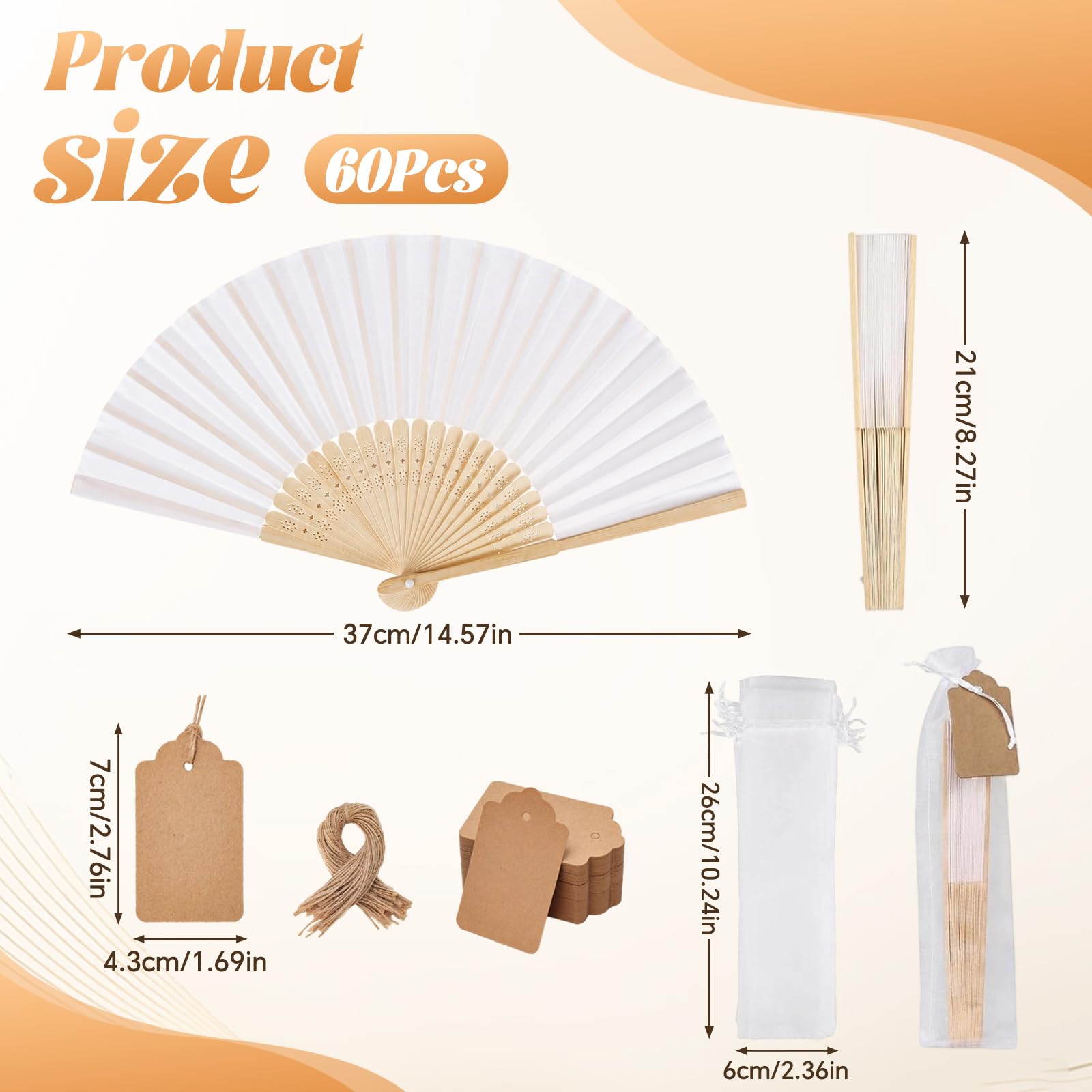 60 weiße Faltfächer, Inklusive Geschenkanhängern aus Kraftpapier und Aufbewahrungsbeuteln aus Organza, DIY Mal- und Beschriftbar, für Hochzeit & Party, Bastelbedarf für Kinder Handwerksprojekte