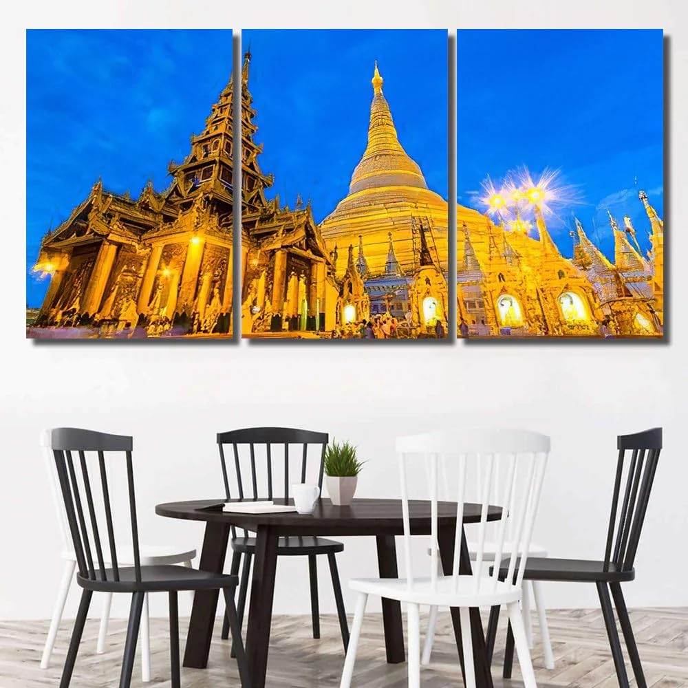 QYYAMDEQ Canvas Pictures For Wall 3 Pieces Posters & Prints Shwedagon Pagoda Yangon Myanmar Burma Modern Artwork Bathroom Kitchen Paintings Wall Decorations For Hallway Dining Room Office