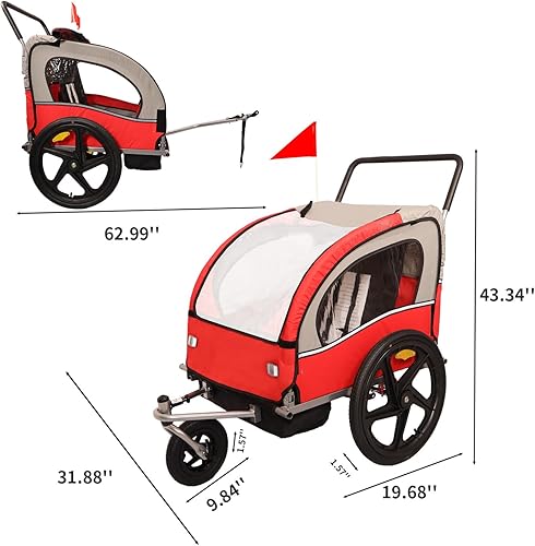 Miniatura 6 de Remolque y cochecito de bicicleta para niños de 2 asientos, remolque de bicicleta y cochecito 2 en 1 para 2 niños, plegable con rueda delantera,