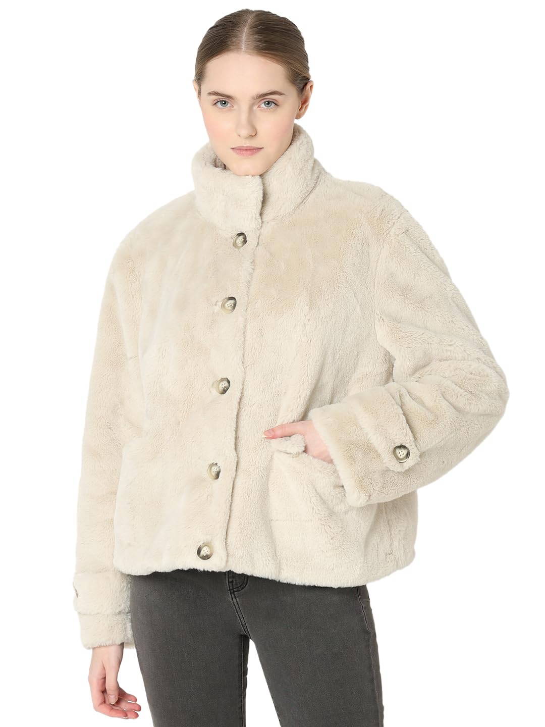 VERO MODA Women's Vmsonjaeva Short Faux Fur Jacket Ga Boo Short Jacket, Oatmeal, L