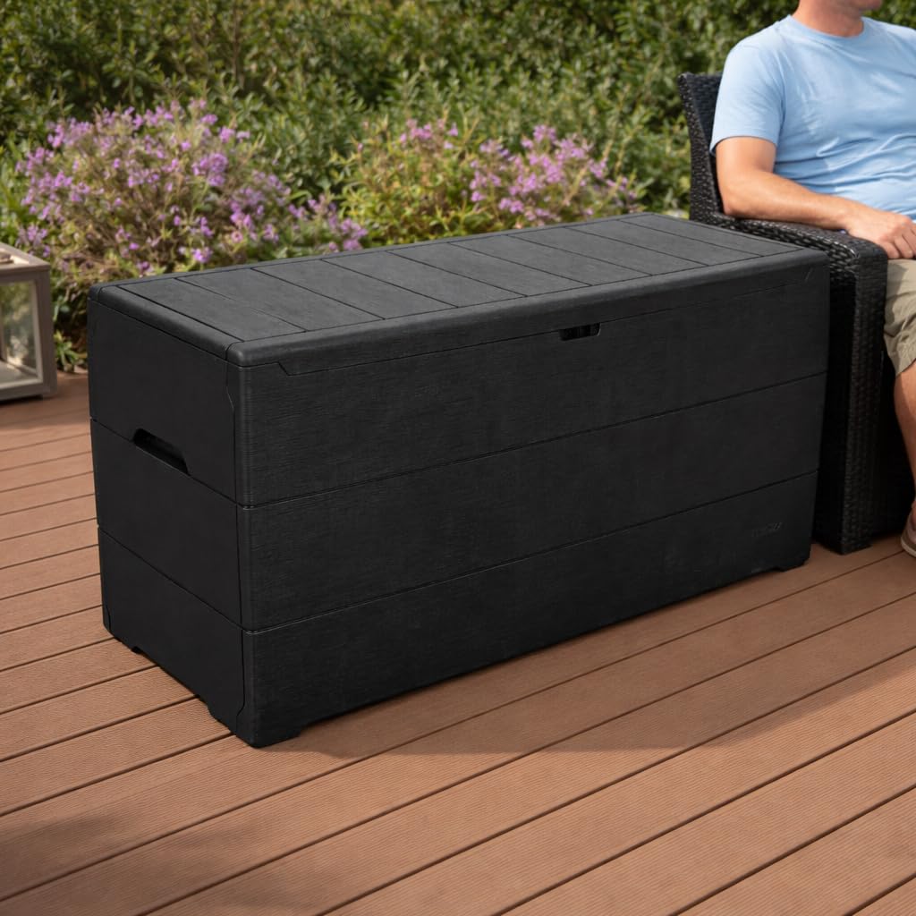 Duramax Cedargrain Durabox 270 litri, contenitore per mobili da giardino in plastica per esterni con coperchio chiudibile, con ruote e maniglie, Grigio scuro